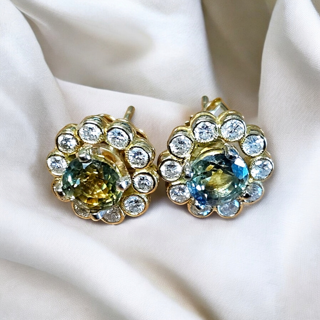 Preowned Bespoke Green Parti Sapphire and Diamond Cluster Earrings Yellow gold ct gold