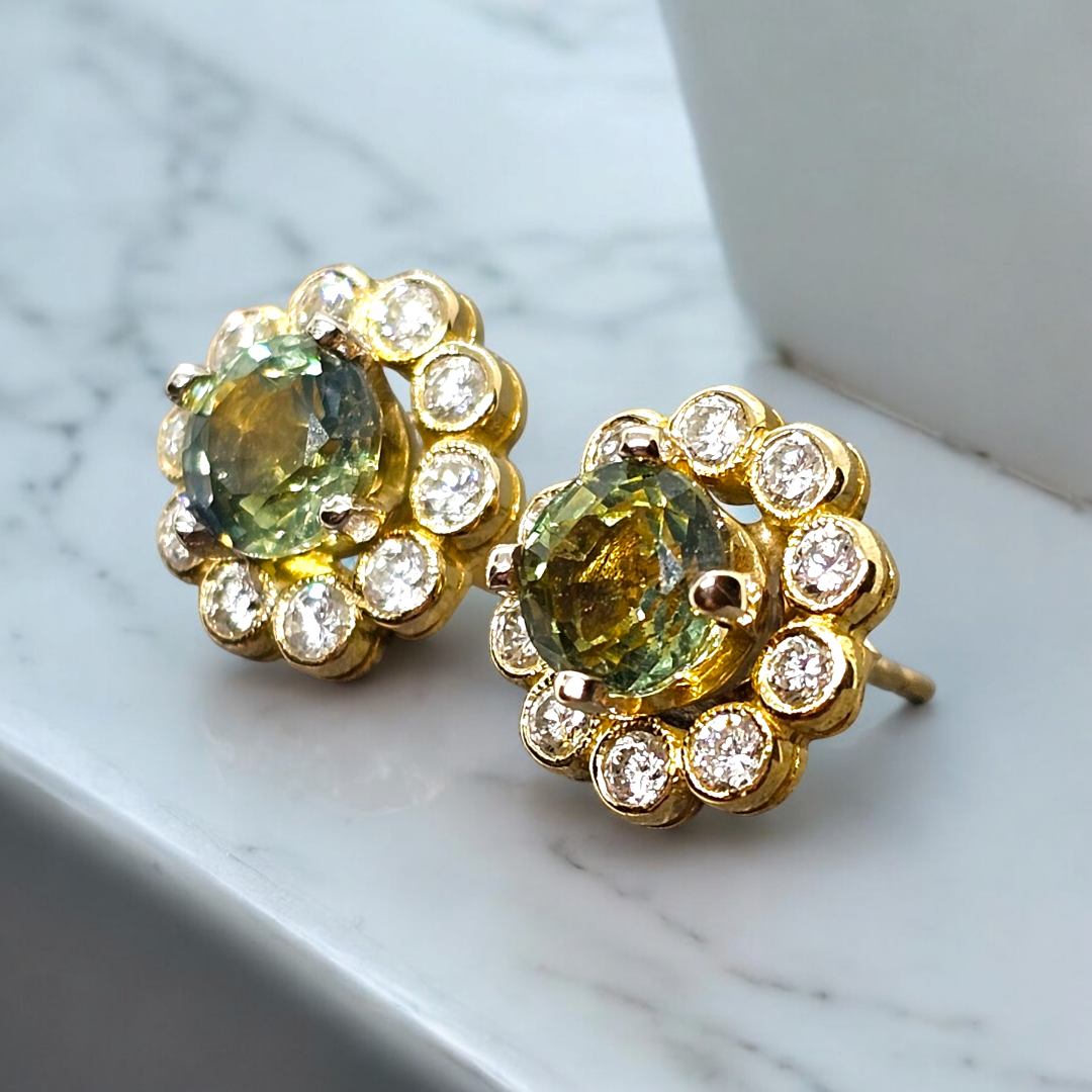 Preowned Bespoke Green Parti Sapphire and Diamond Cluster Earrings Yellow gold ct gold