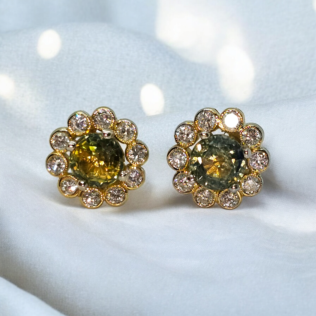 Preowned Bespoke Green Parti Sapphire and Diamond Cluster Earrings Yellow gold ct gold