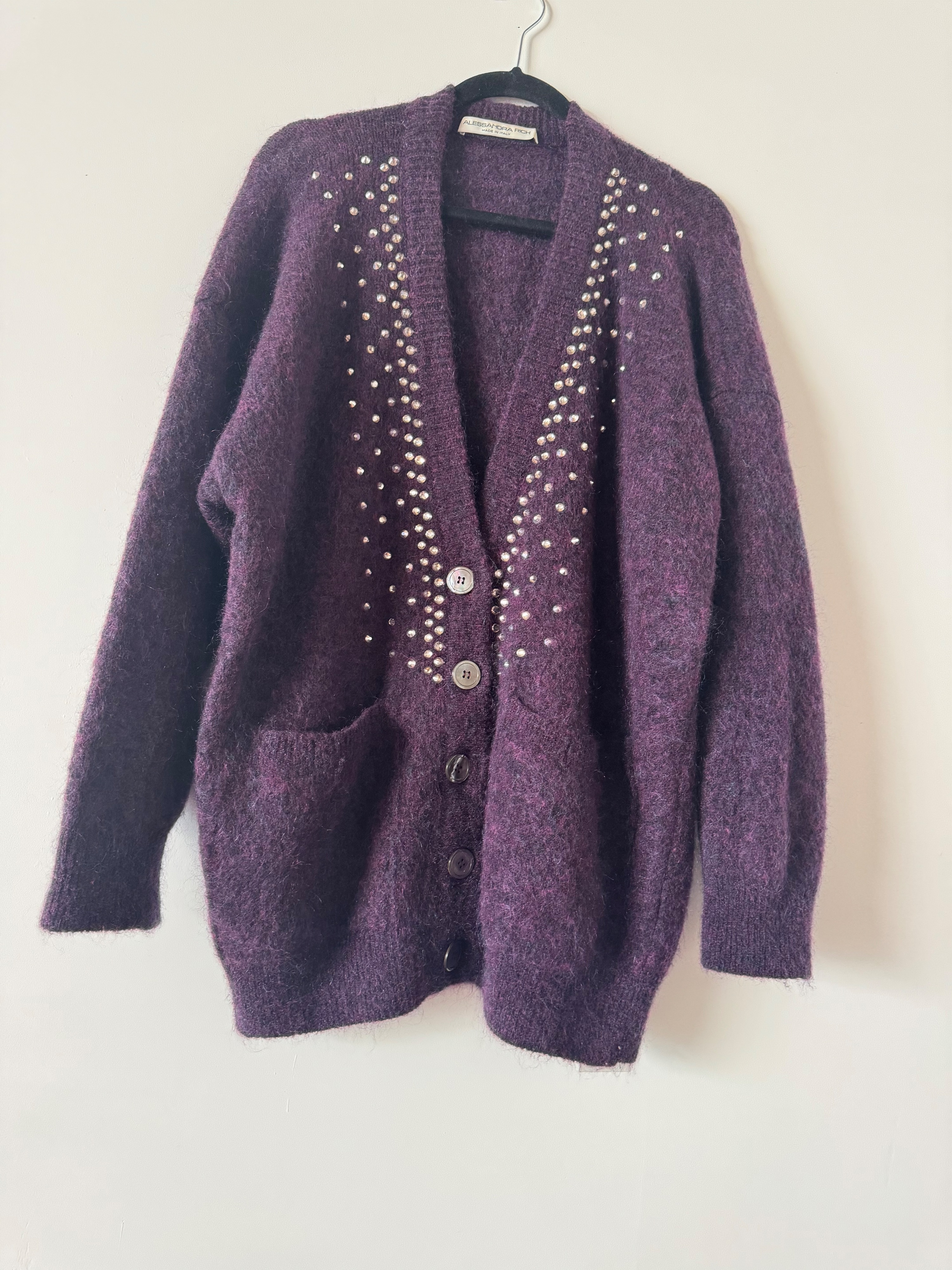 Preowned Alessandra Rich Purple Mohair Blend Longline Cardigan Size S