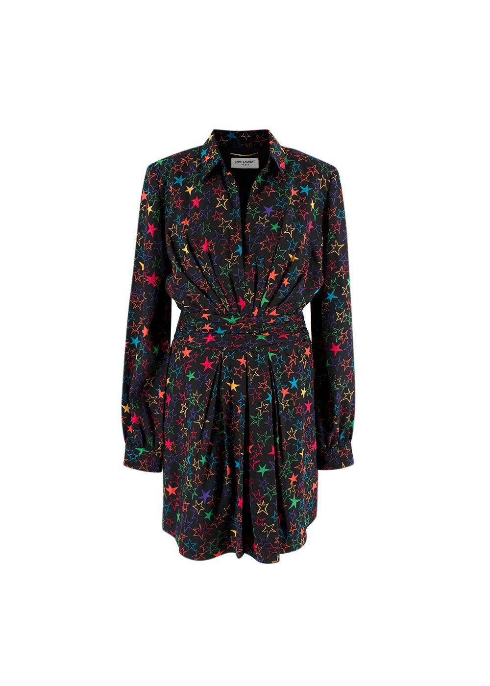 Saint Laurent Star Pattern Pleated Mini Shirt Dress Size S Multi viscose