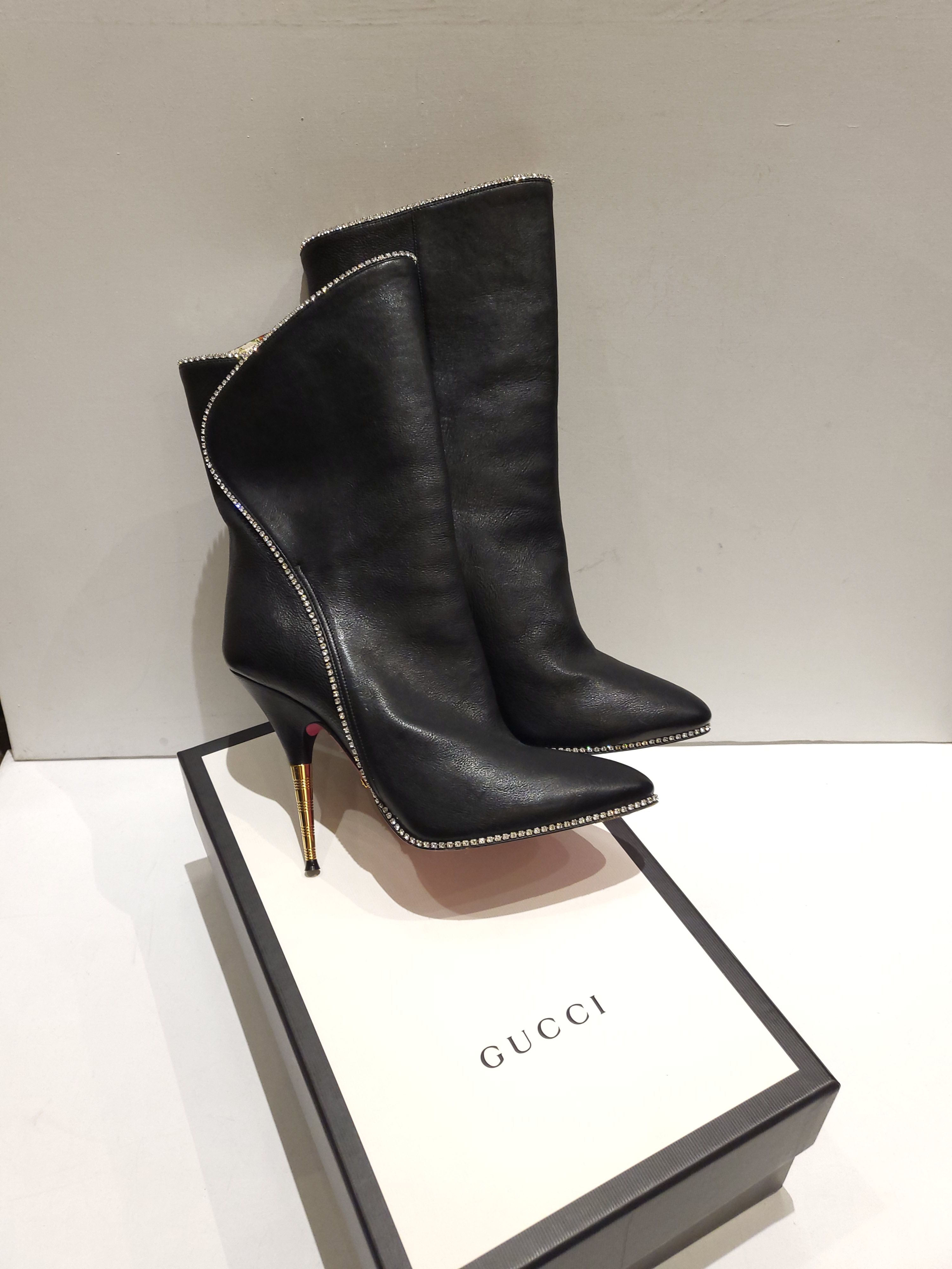 Preowned Gucci black leather crystal trimmed Fosca boots Size 37