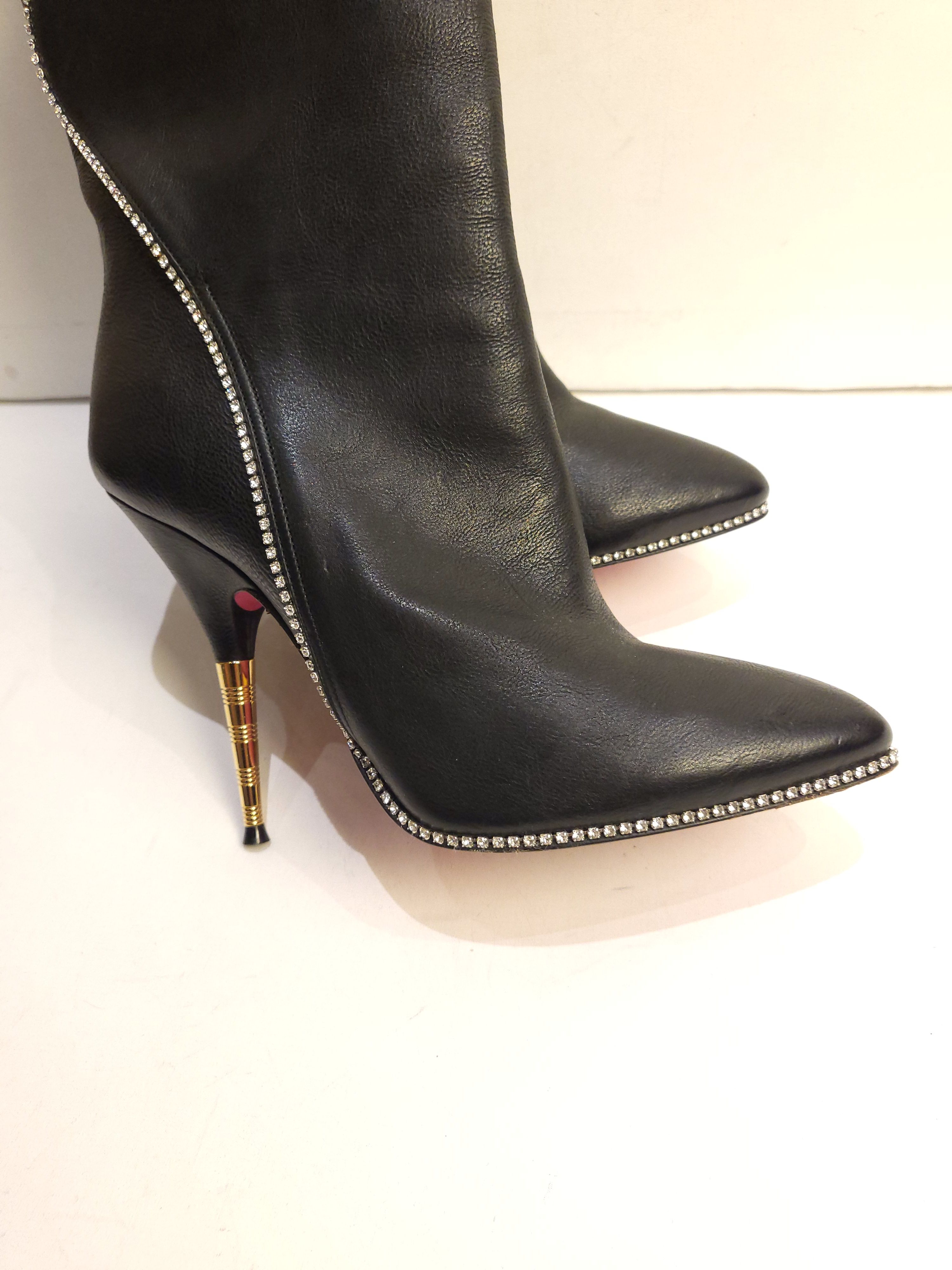 Preowned Gucci black leather crystal trimmed Fosca boots Size 37