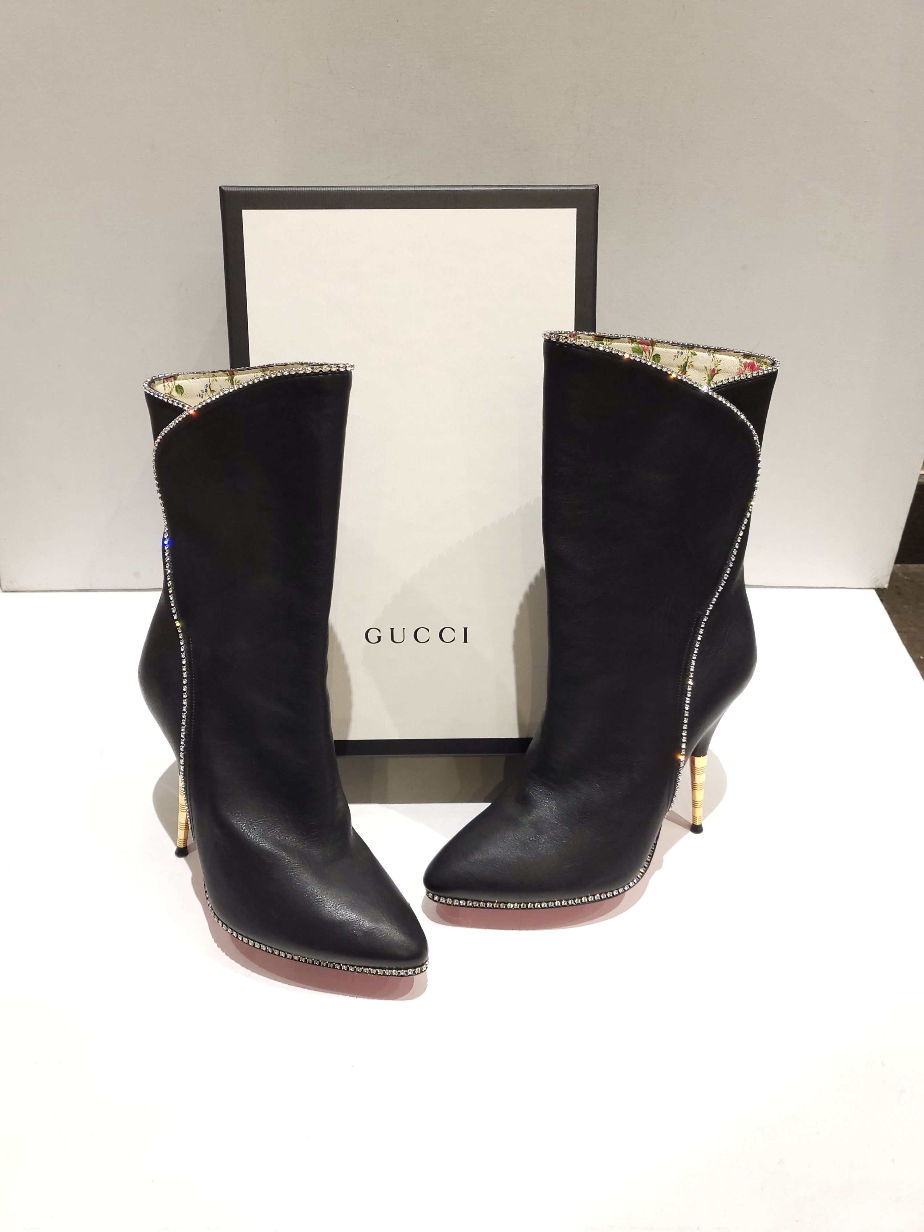 Preowned Gucci black leather crystal trimmed Fosca boots Size 37