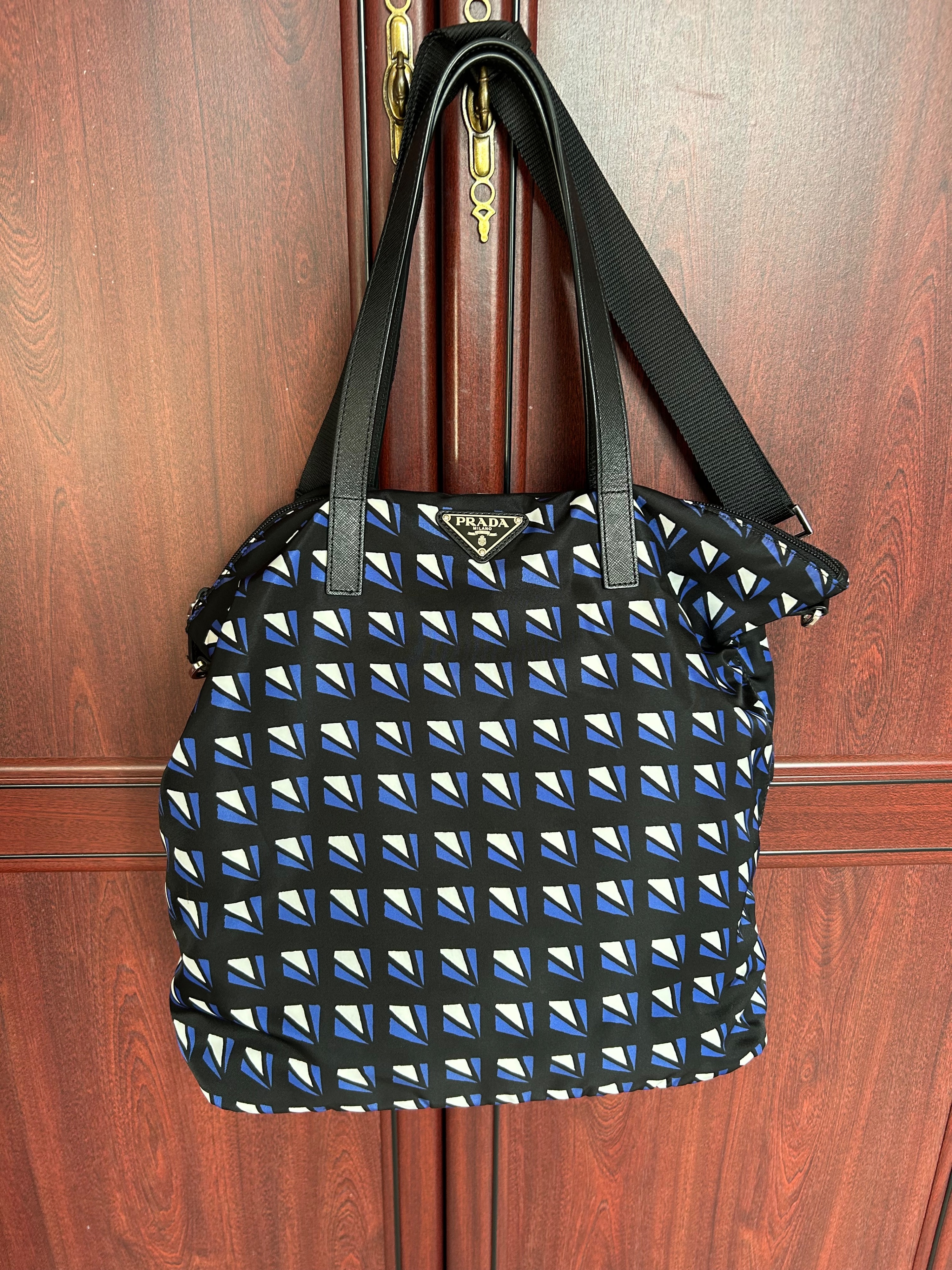 Prada Blue Geometric Printed Tote Bag Blue black nylon