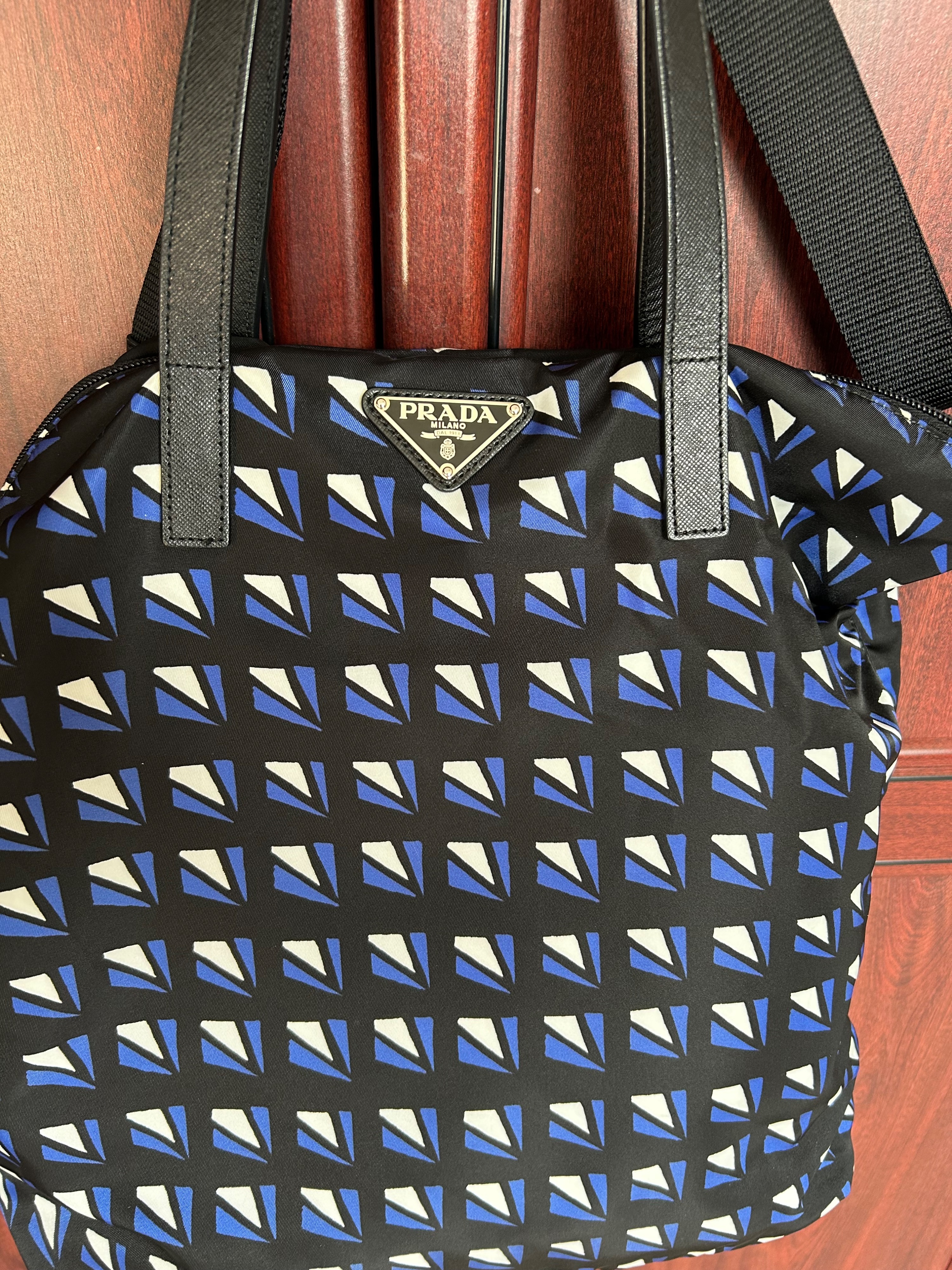 Prada Blue Geometric Printed Tote Bag Blue black nylon