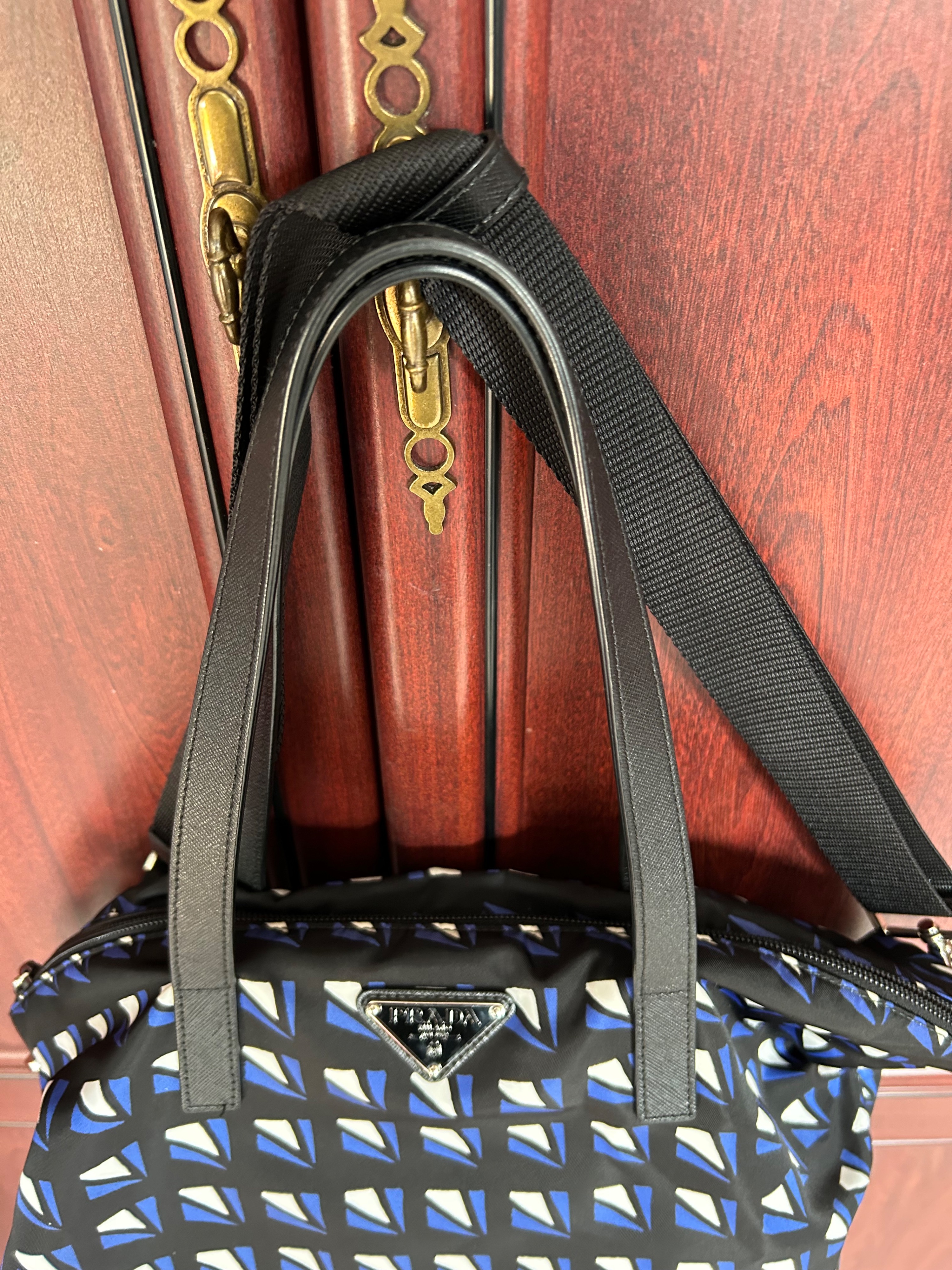 Prada Blue Geometric Printed Tote Bag Blue black nylon