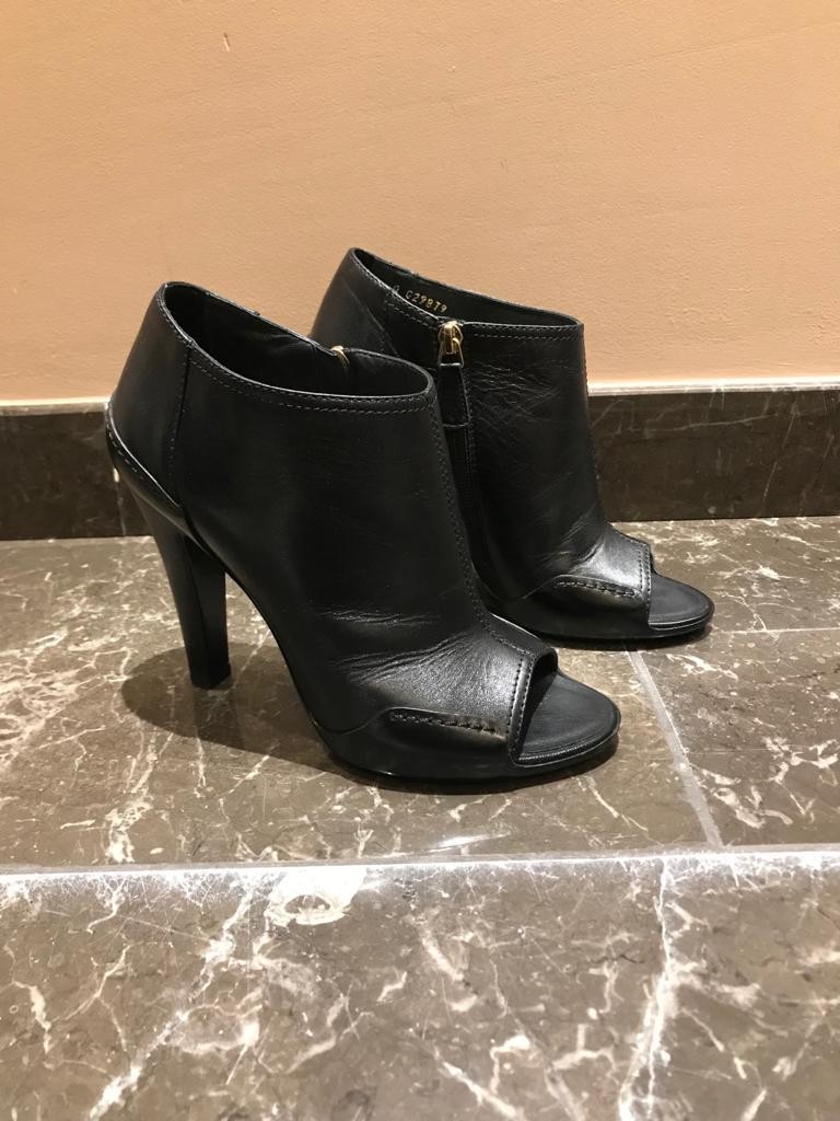 Preowned Chanel Black Leather Open Toe Ankle Boots Size 375