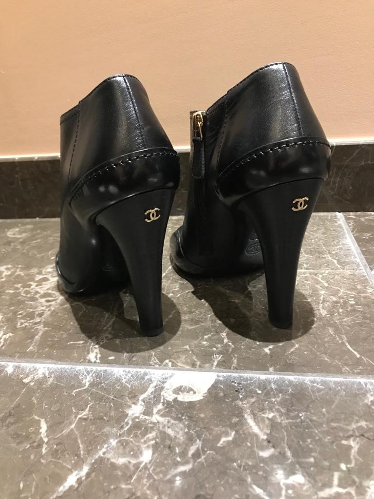 Preowned Chanel Black Leather Open Toe Ankle Boots Size 375