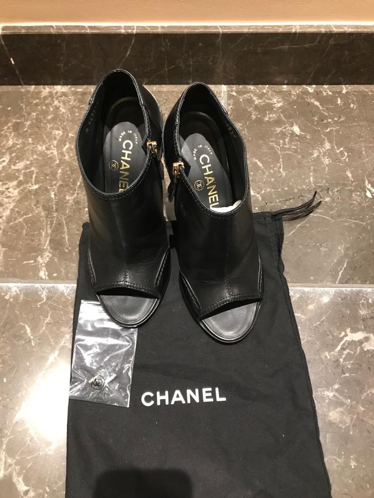 Preowned Chanel Black Leather Open Toe Ankle Boots Size 375