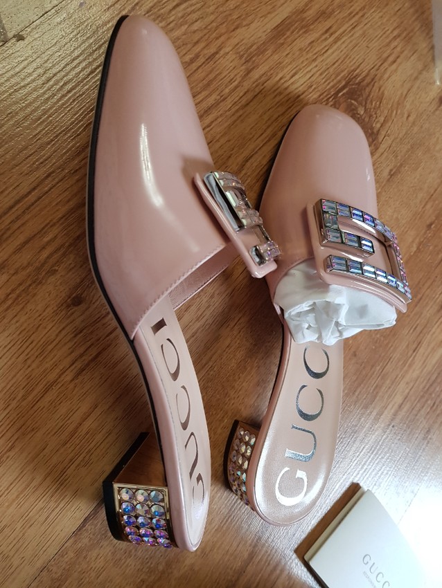 Gucci Nude Crystal Embellished Square G Mules Size 37 Floral / Patterned leather