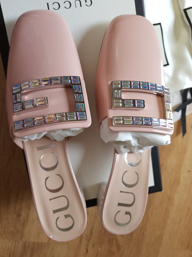 Gucci Nude Crystal Embellished Square G Mules Size 37 Floral / Patterned leather