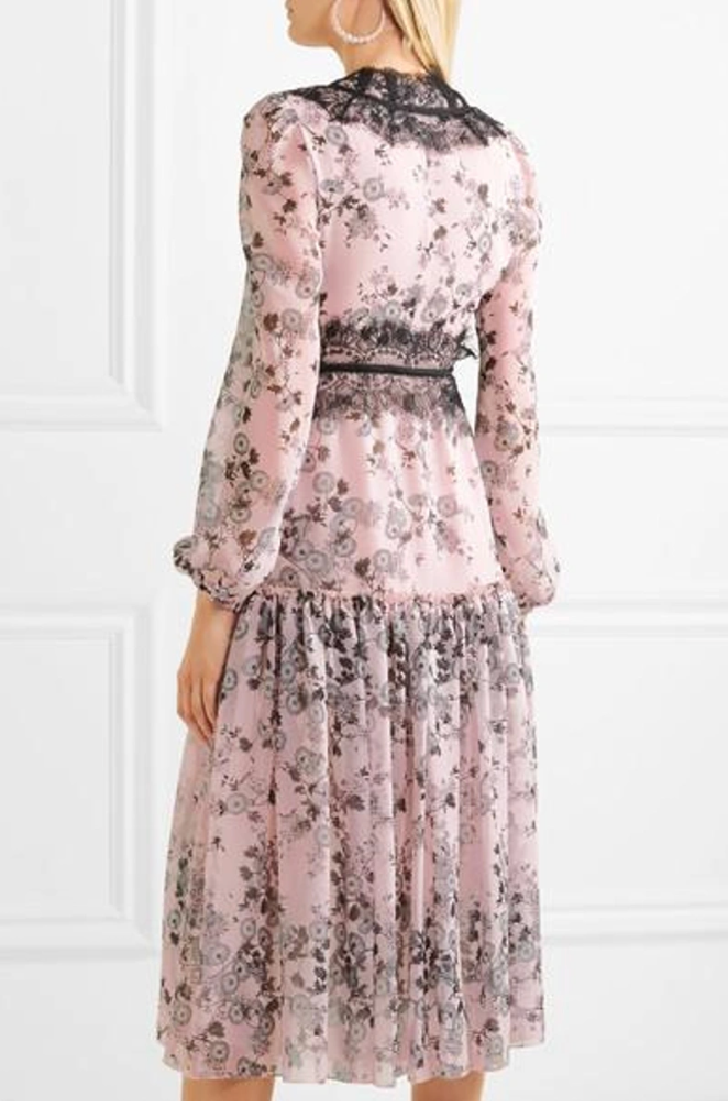 Preowned Giambattista Valli Pink Floral Lace Trimmed Midi Dress Size S Pink Black silk