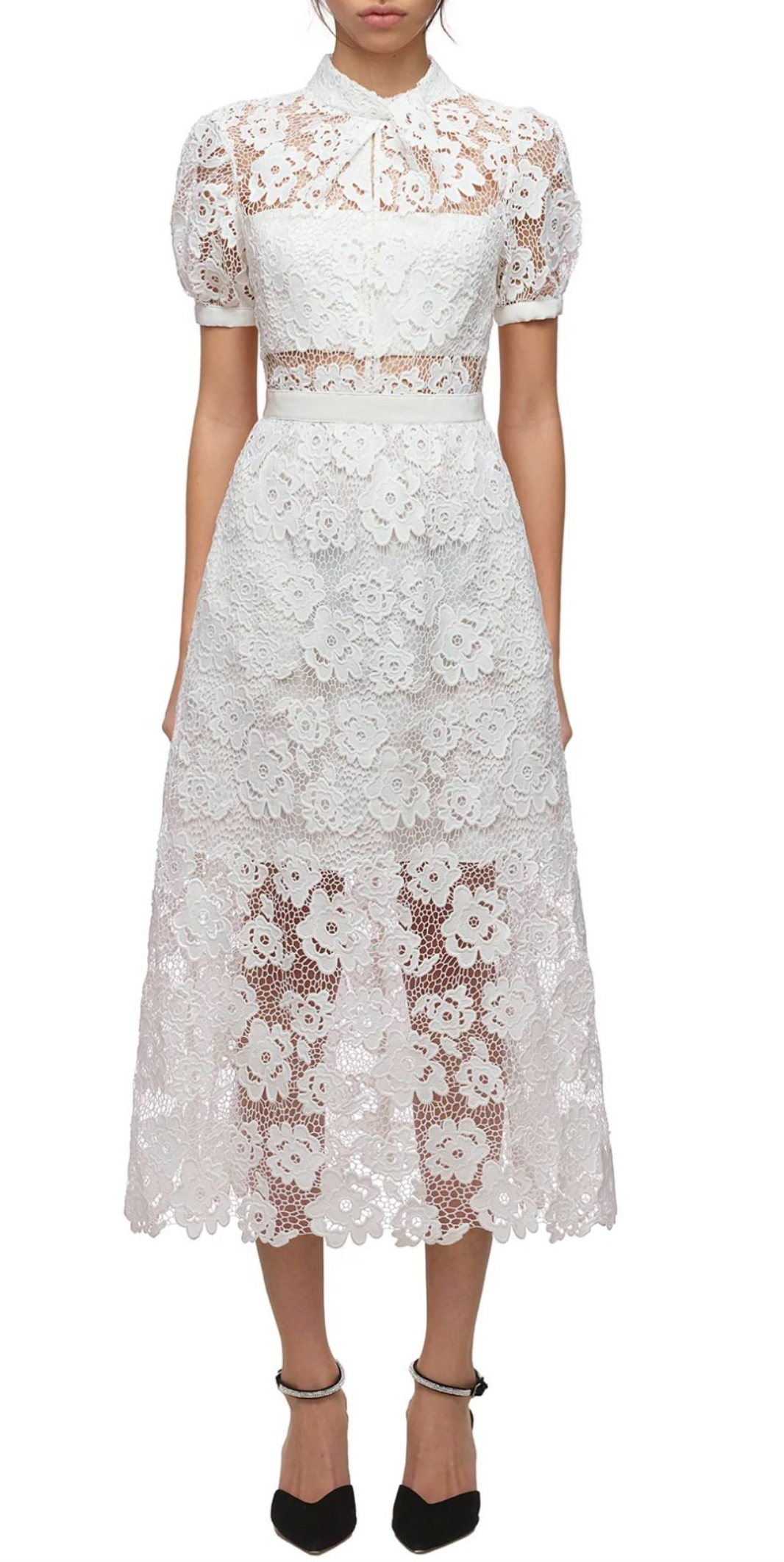 Preowned Self Portrait White Floral Guipure Lace Midi Dress Size M polyester