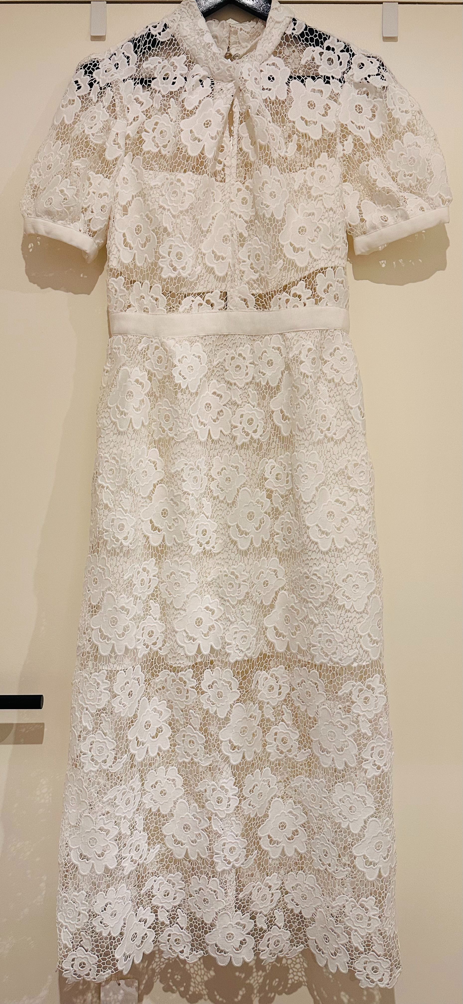 Preowned Self Portrait White Floral Guipure Lace Midi Dress Size M polyester