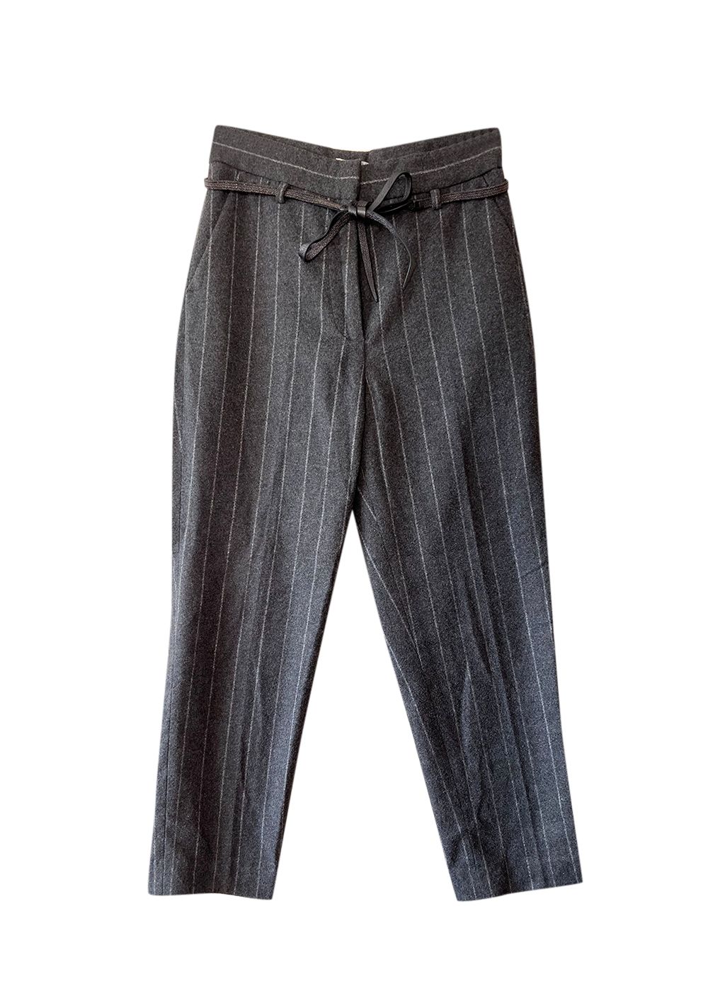 Preowned Brunello Cucinelli Grey Pinstripe Belted Trousers Size XXS wool