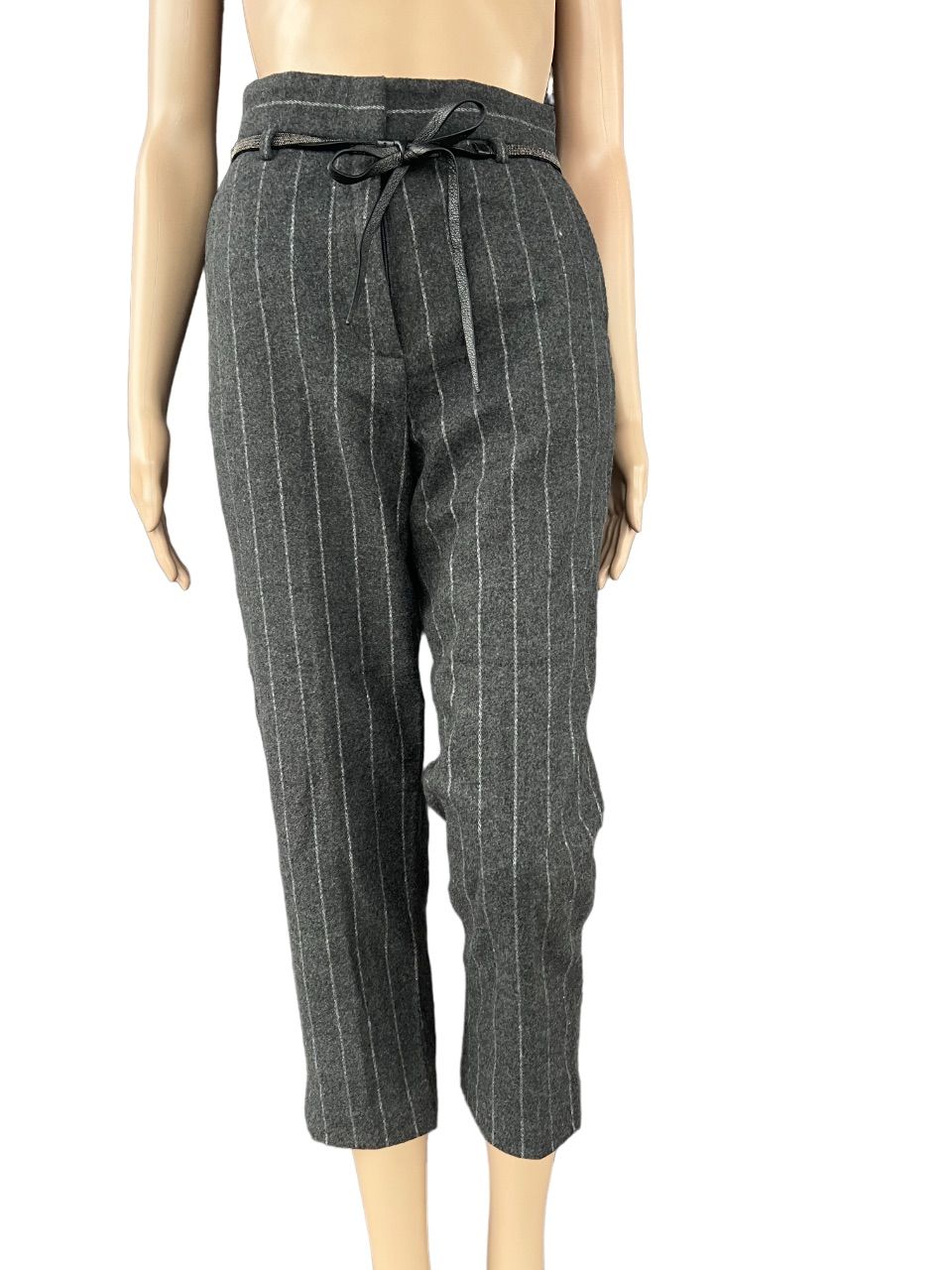 Preowned Brunello Cucinelli Grey Pinstripe Belted Trousers Size XXS wool