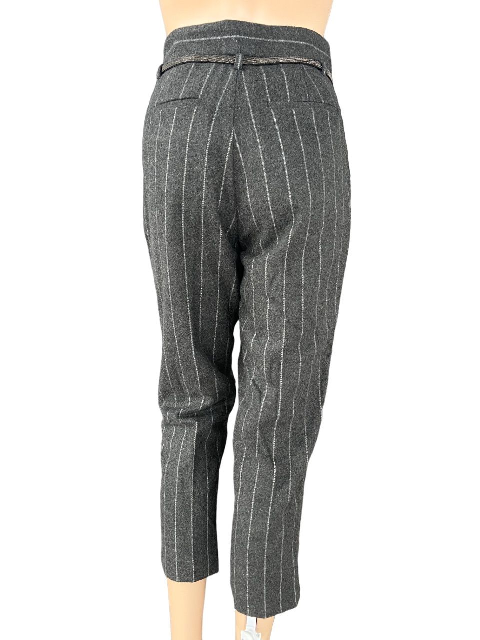 Preowned Brunello Cucinelli Grey Pinstripe Belted Trousers Size XXS wool