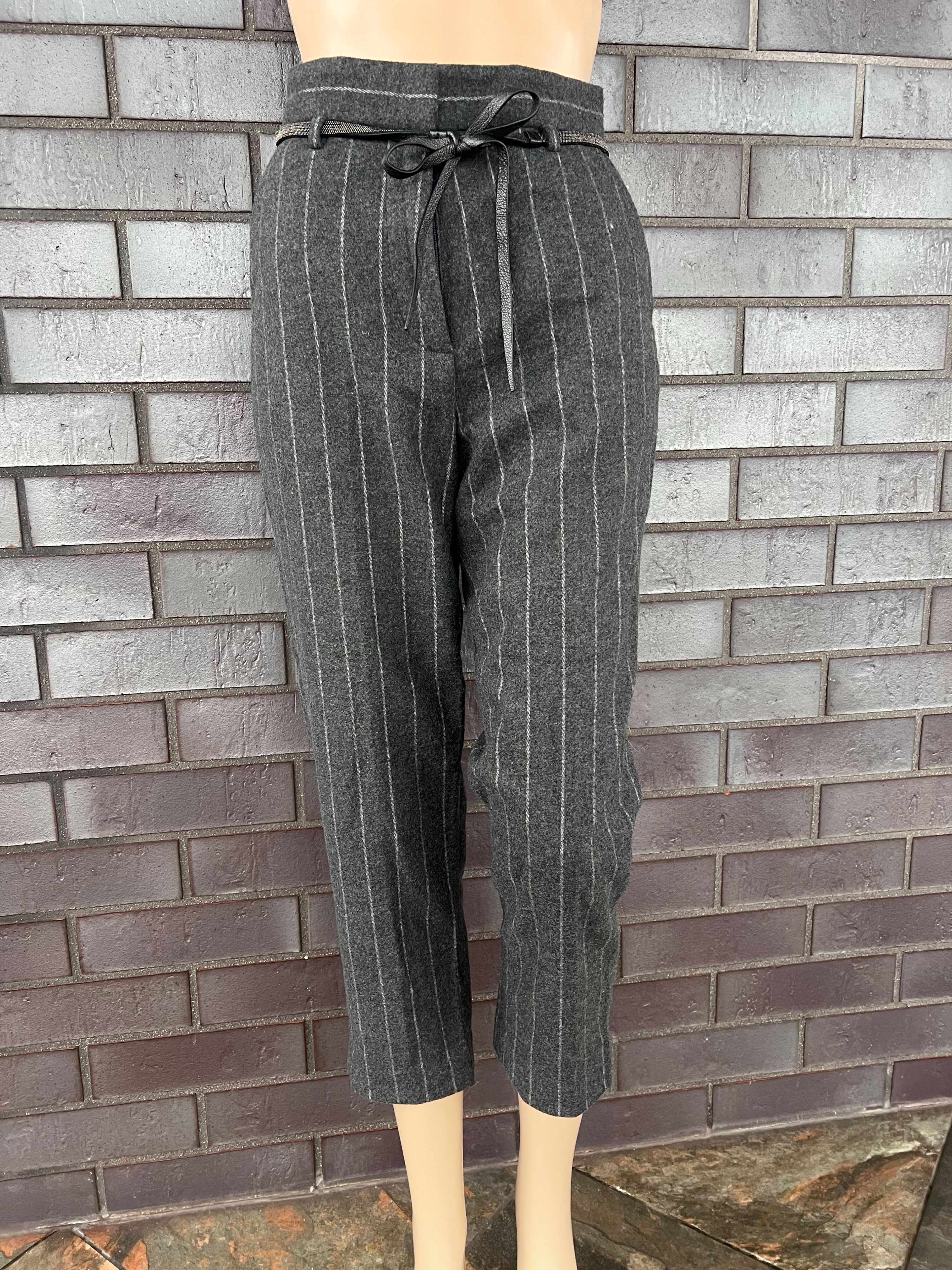 Preowned Brunello Cucinelli Grey Pinstripe Belted Trousers Size XXS wool