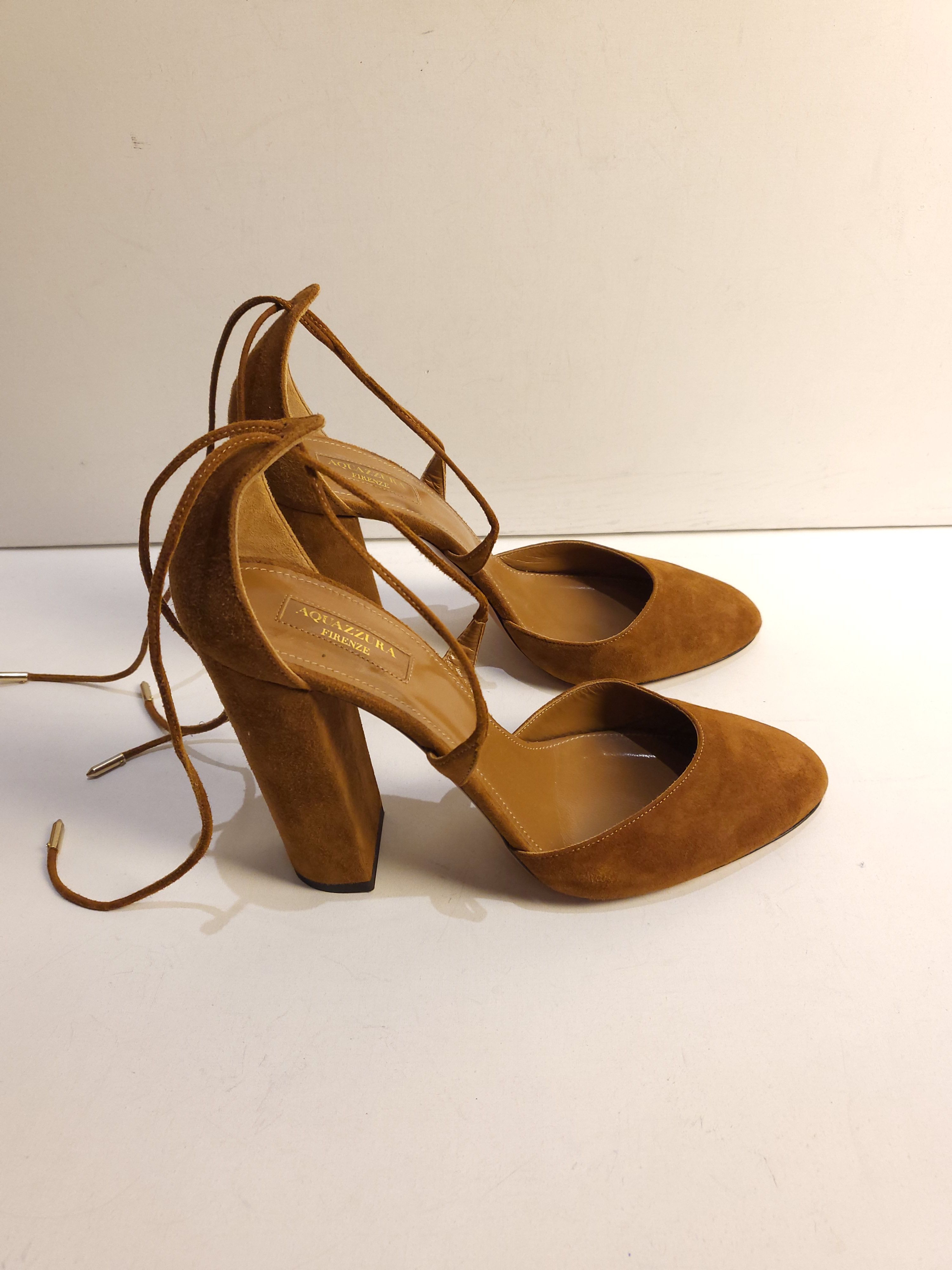 Preowned Aquazzura tan suede d'Orsay block heeled pumps Size 405 Brown