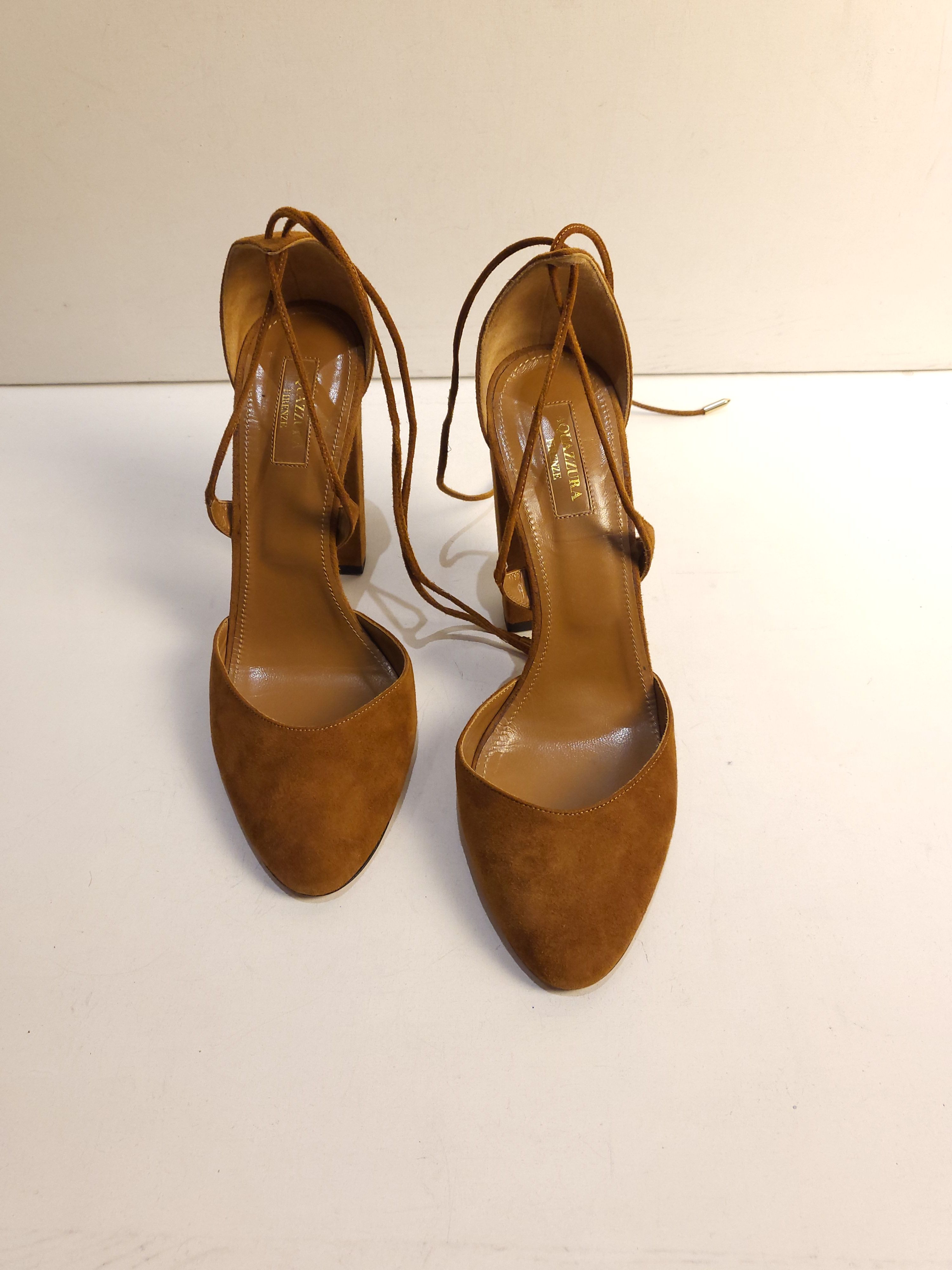 Preowned Aquazzura tan suede d'Orsay block heeled pumps Size 405 Brown