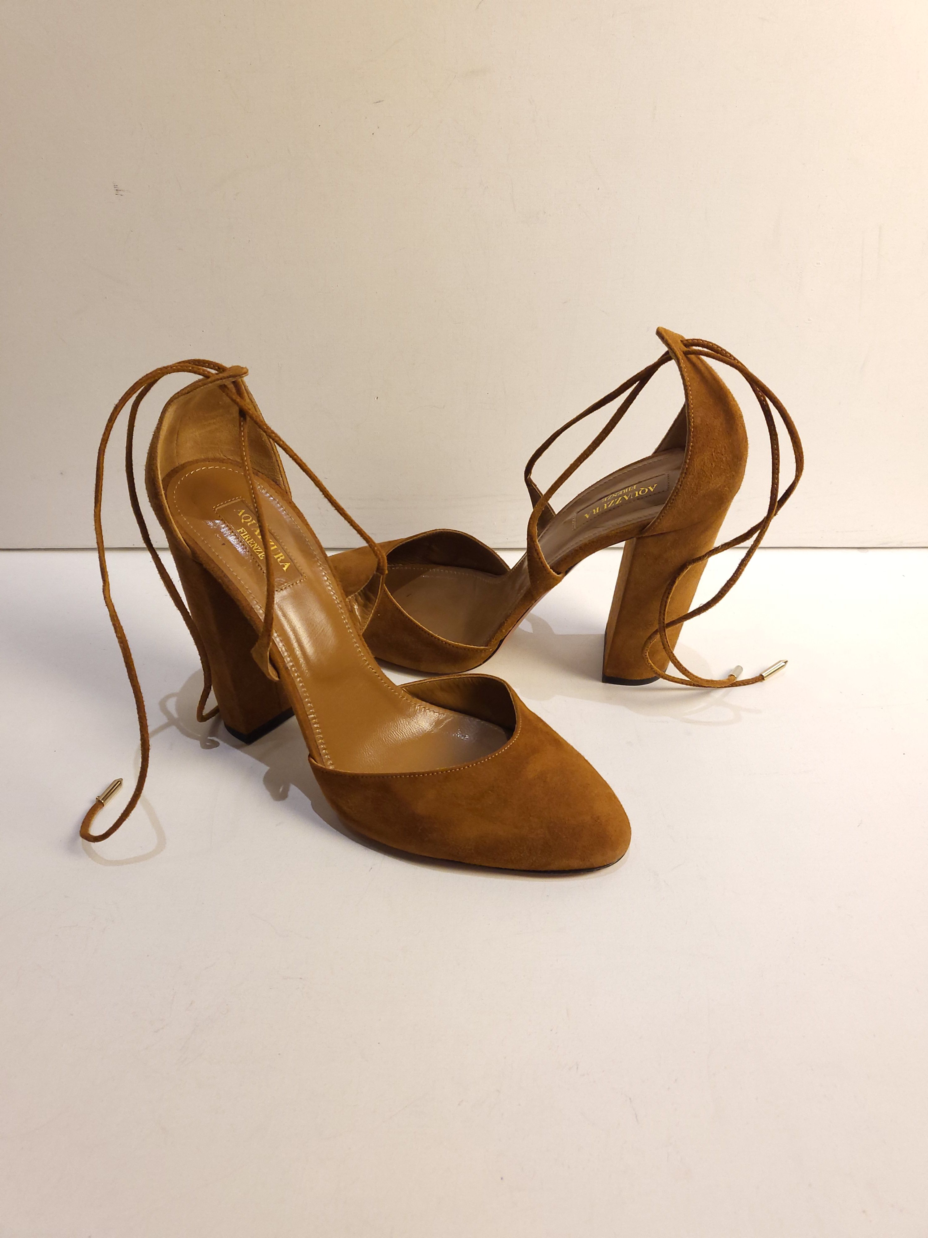 Preowned Aquazzura tan suede d'Orsay block heeled pumps Size 405 Brown