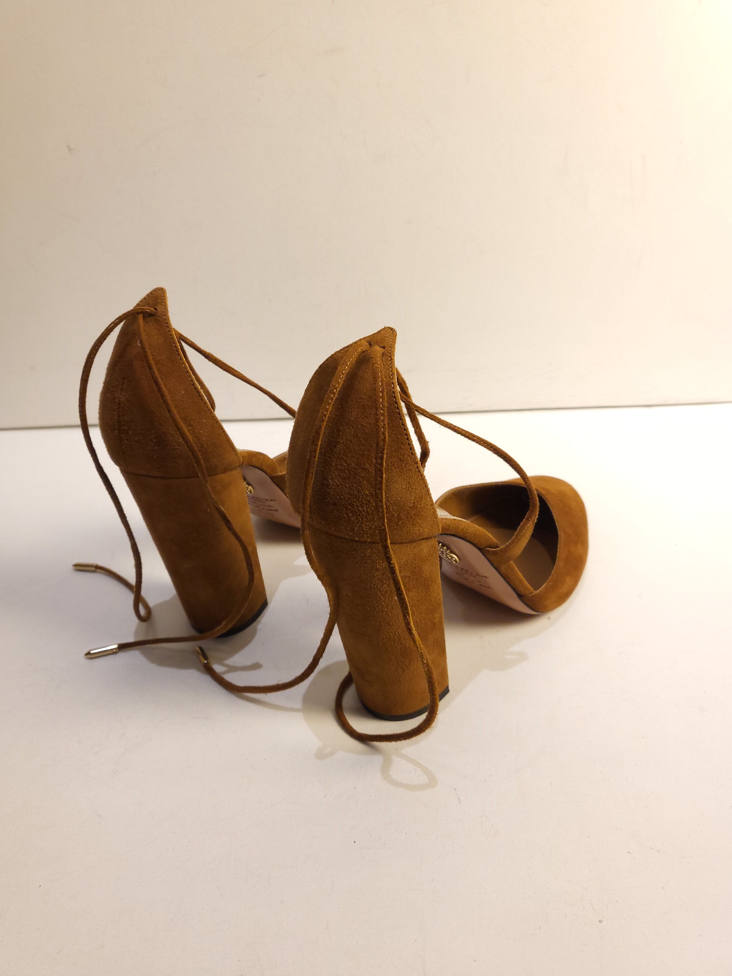 Preowned Aquazzura tan suede d'Orsay block heeled pumps Size 405 Brown