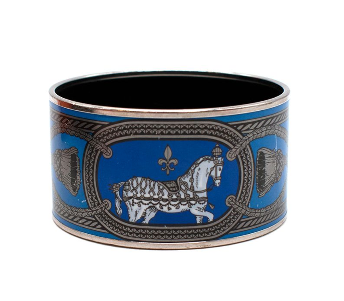 Preowned Hermes Grand Apparant Printed Wide Enamel Bangle Blue and Silver metal