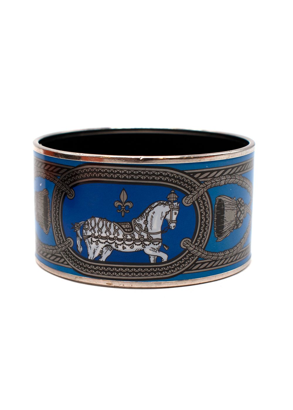 Preowned Hermes Grand Apparant Printed Wide Enamel Bangle Blue and Silver metal