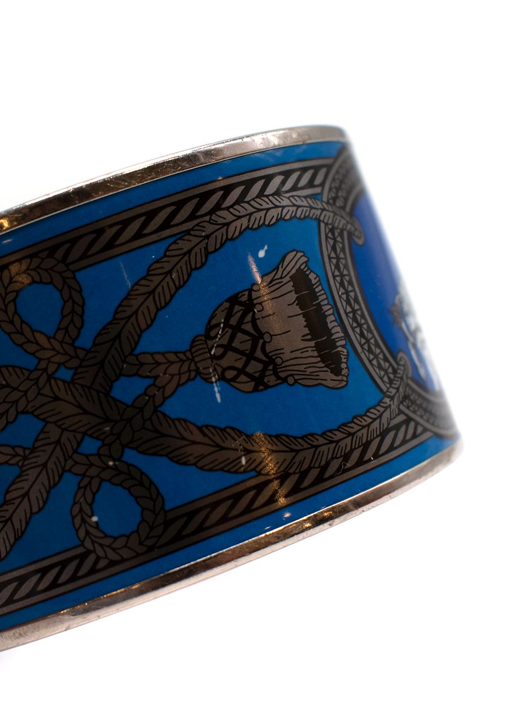 Preowned Hermes Grand Apparant Printed Wide Enamel Bangle Blue and Silver metal