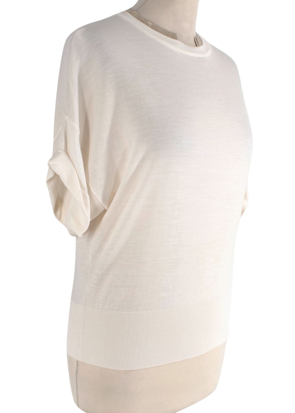 Preowned Brunello Cucinelli cream fine-knit cashmere  Monilli trimmed top Size XS