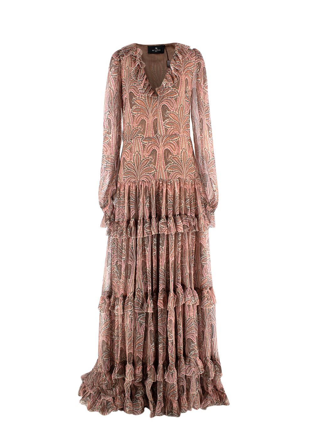 Etro Pink Paisley Tiered Ruffle Maxi Dress Size M Pink  Multi-colour silk