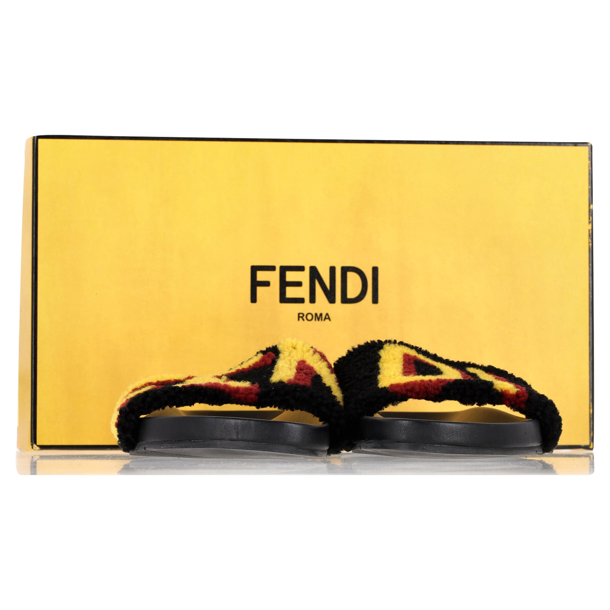 Men's Preowned Fendi Black Shearling Logo Slides Size 40 fur/raccoon fur