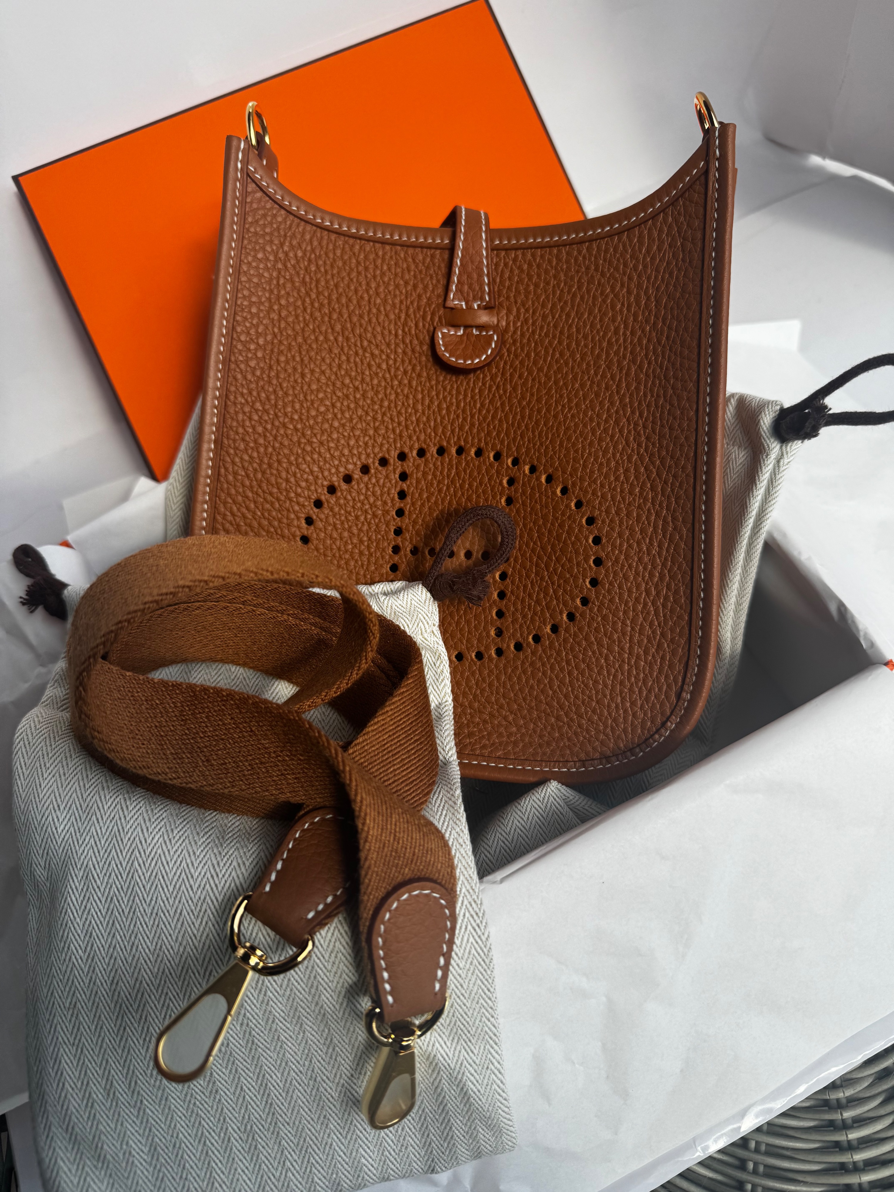 Hermes Gold Mini Evelyne in Clemence Leather with Gold Hardware