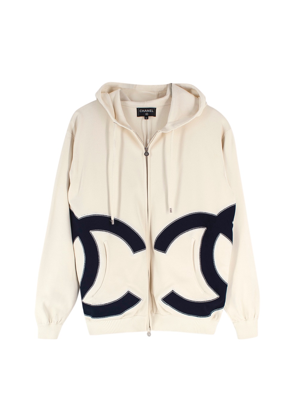 Preowned Chanel Off-White and Navy CC Hooded Zip Jumper Size L Cream viscose/polyester