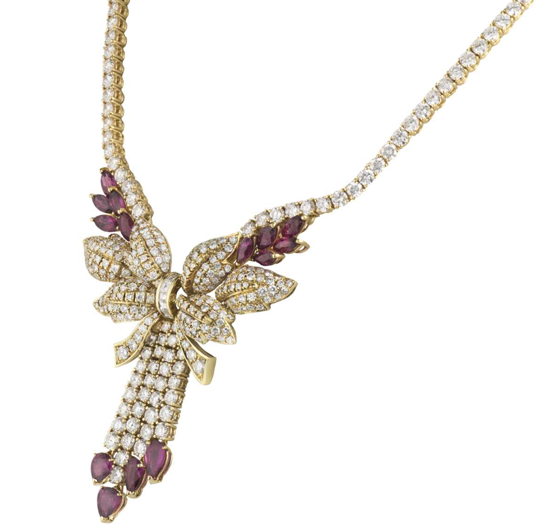 18ct yellow gold diamond  ruby bow necklace