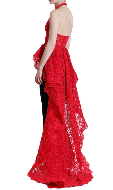 Reem Acra Red Lace Halter-neck Top with Train Size M