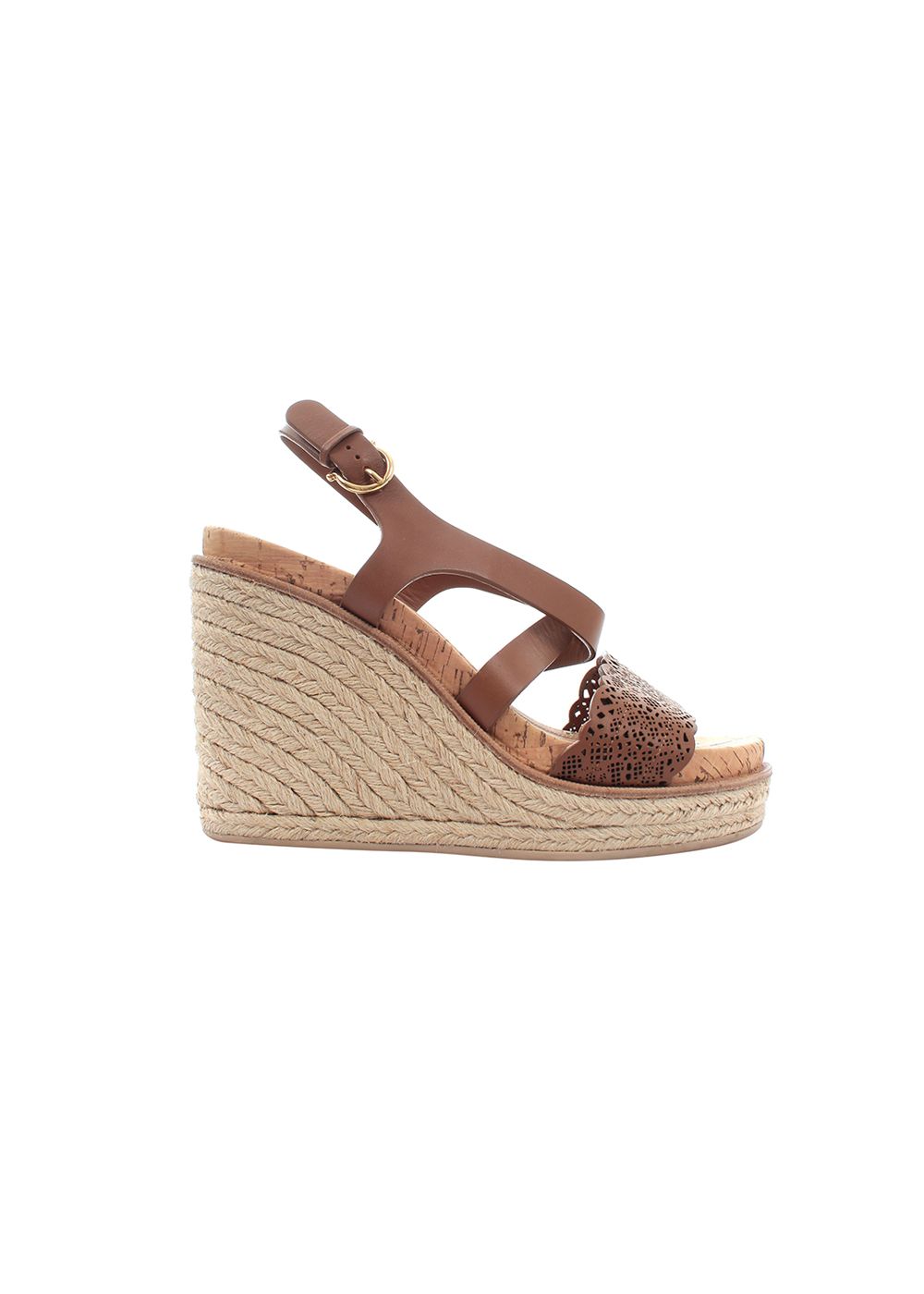 Preowned Salvatore Ferragamo Tan laser cut leather  jute wedge espadrille sandals Size 39 Brown