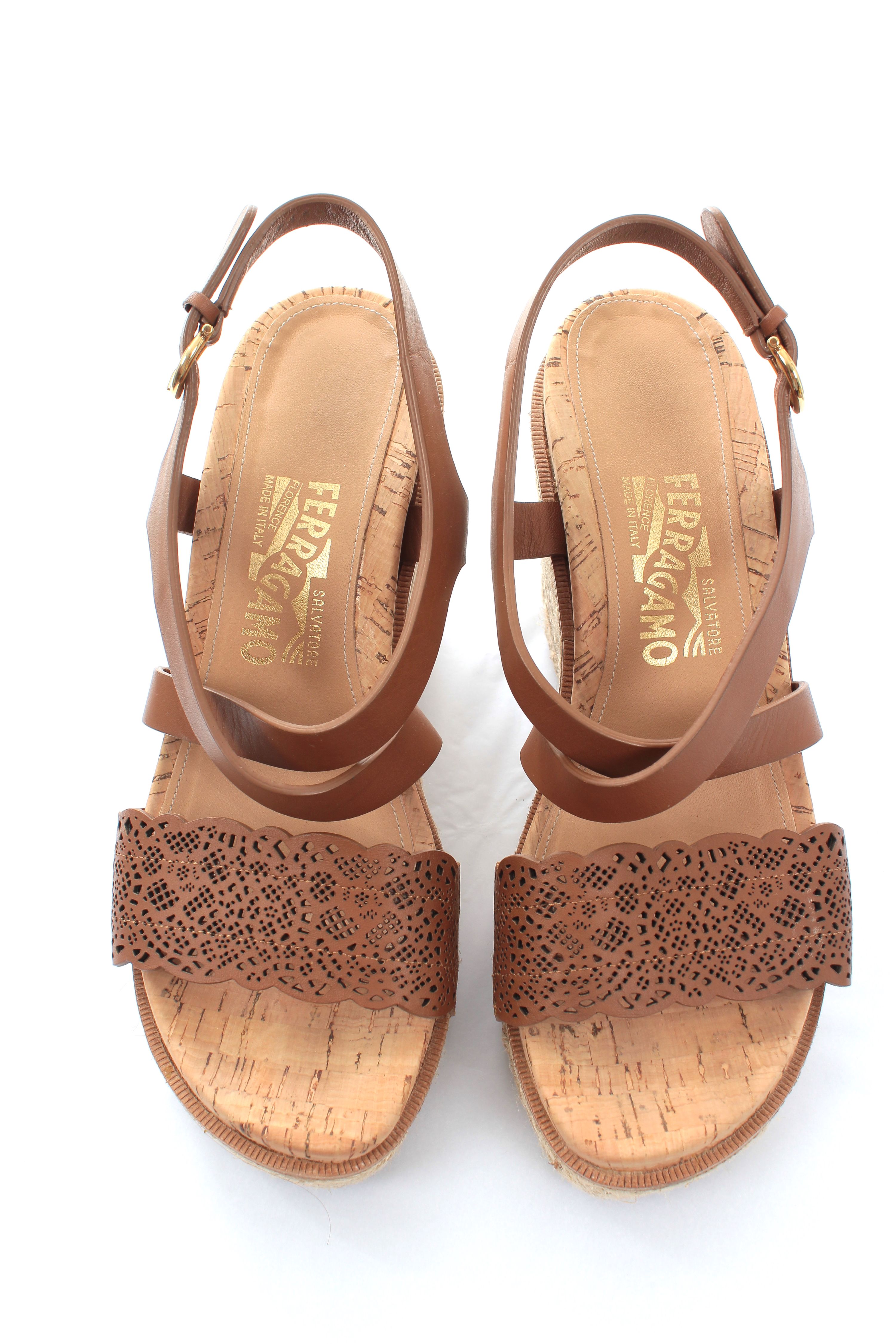 Preowned Salvatore Ferragamo Tan laser cut leather  jute wedge espadrille sandals Size 39 Brown