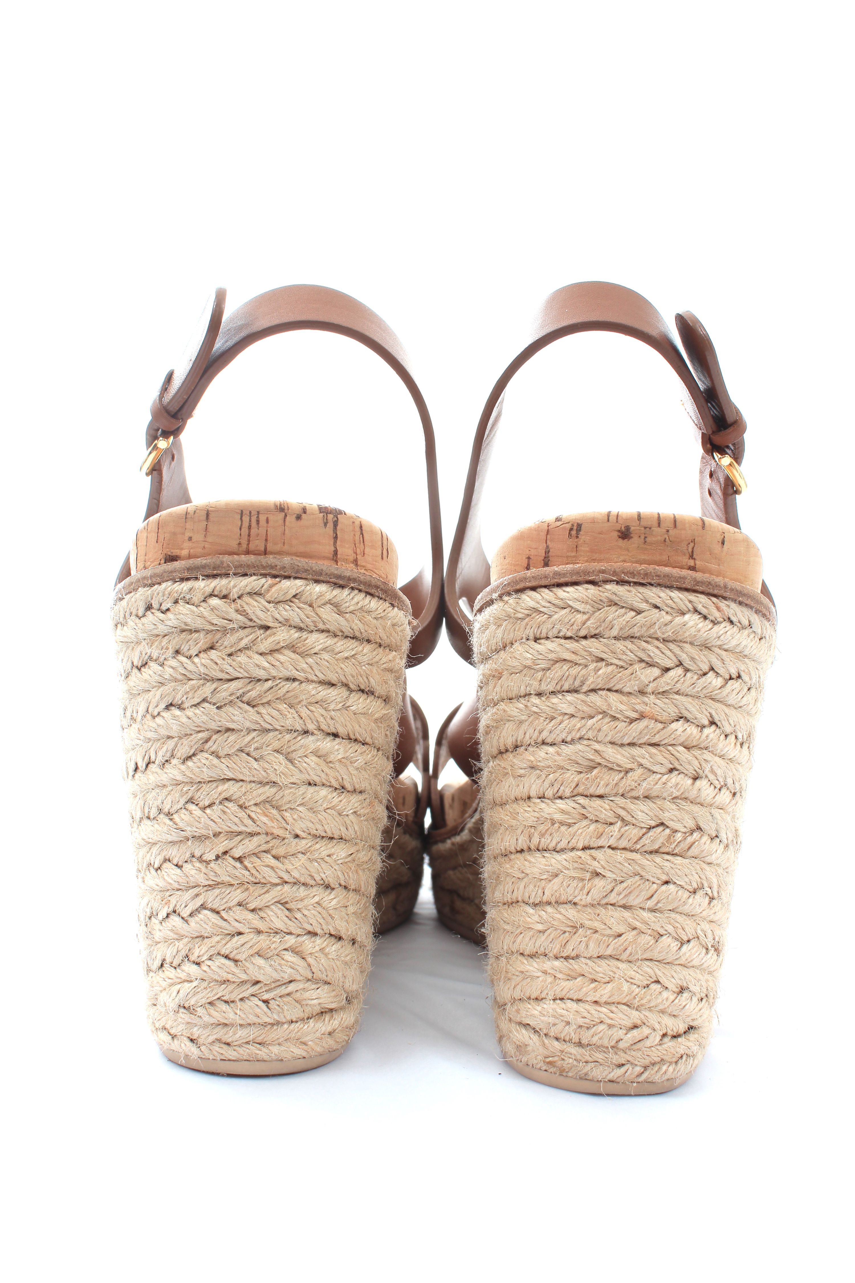 Preowned Salvatore Ferragamo Tan laser cut leather  jute wedge espadrille sandals Size 39 Brown