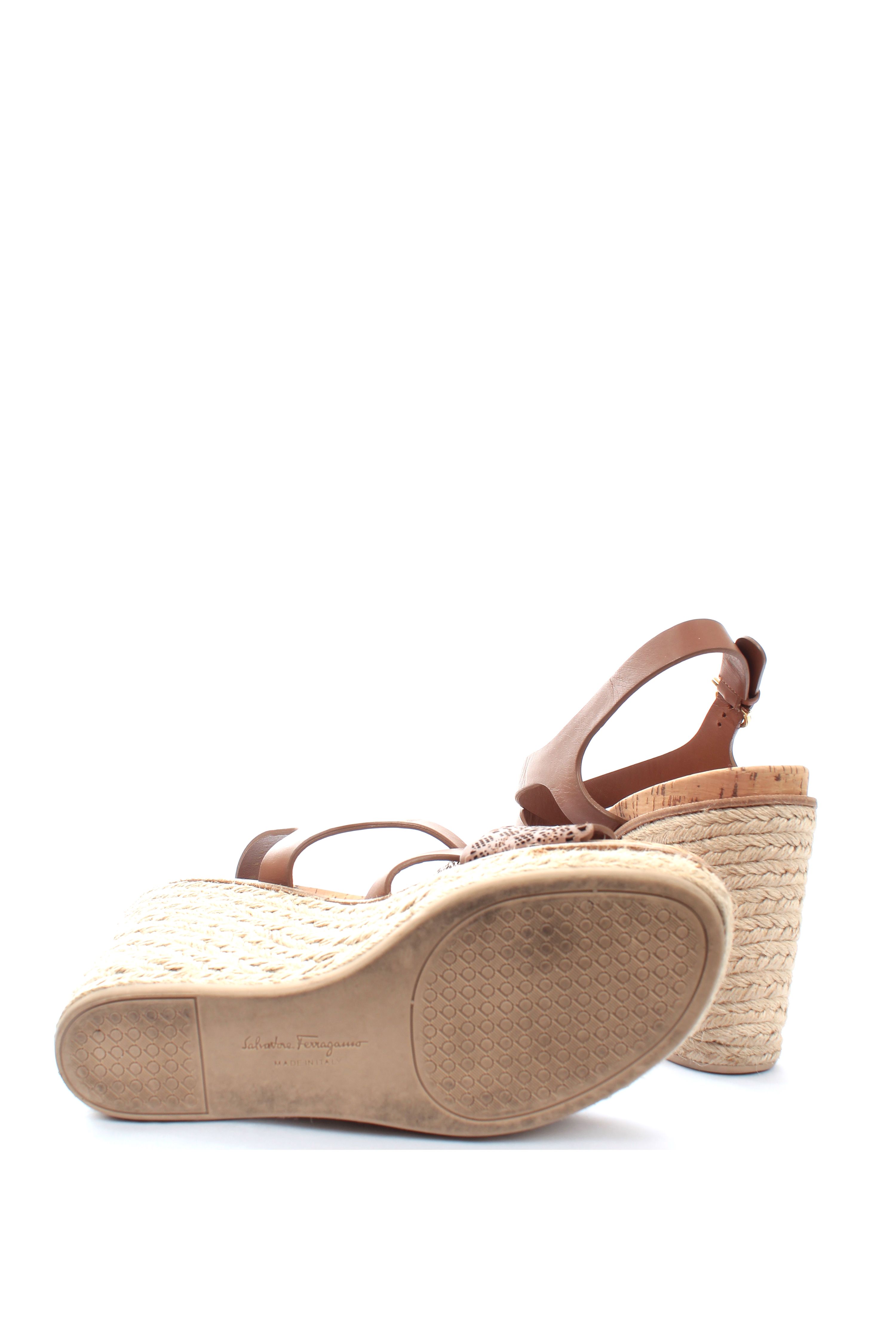 Preowned Salvatore Ferragamo Tan laser cut leather  jute wedge espadrille sandals Size 39 Brown