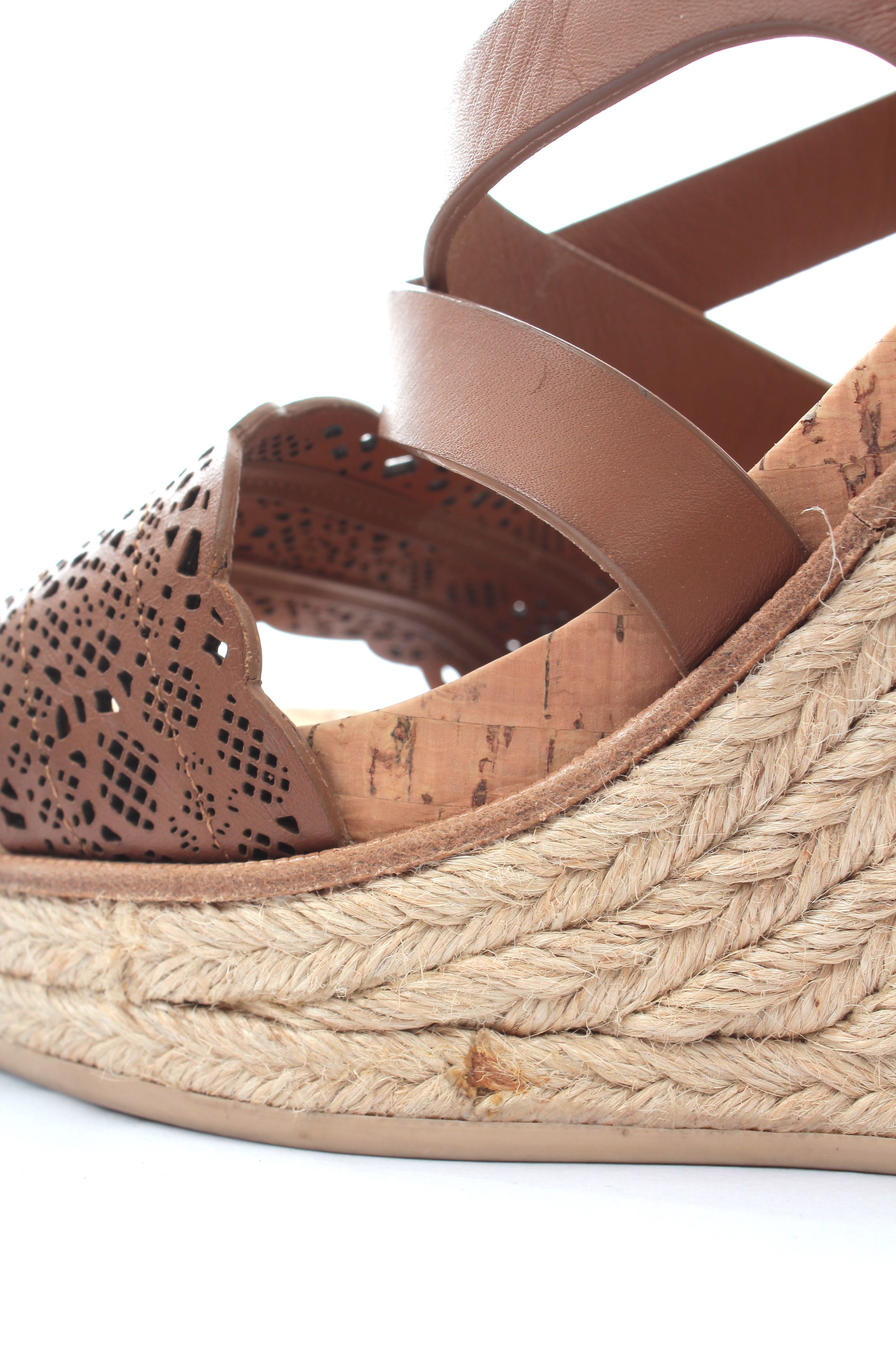 Preowned Salvatore Ferragamo Tan laser cut leather  jute wedge espadrille sandals Size 39 Brown