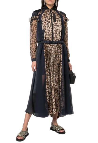 Preowned Sacai Leopard Satin  Chiffon Pleated Dress Size S printed shearling