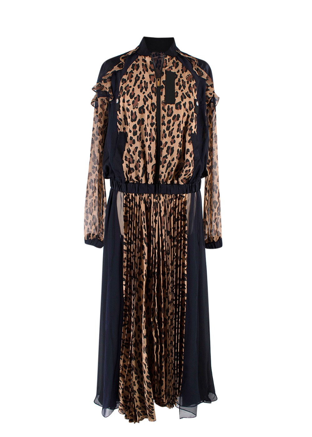 Preowned Sacai Leopard Satin  Chiffon Pleated Dress Size S printed shearling