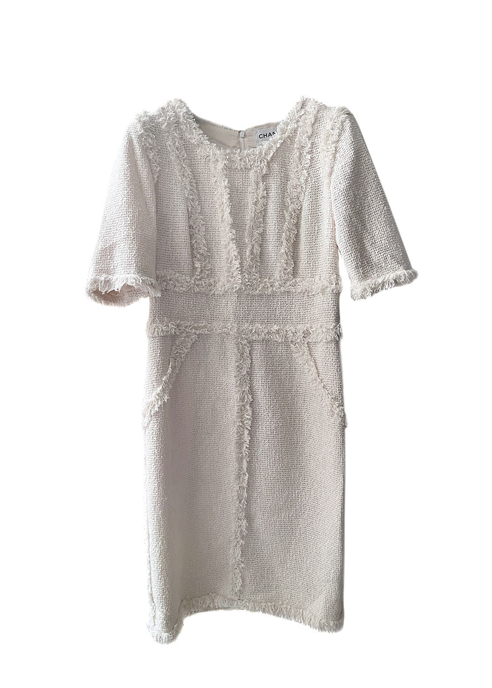 Preowned Chanel Ecru Tweed Midi Dress Size M Ecru ivory tweed see pic