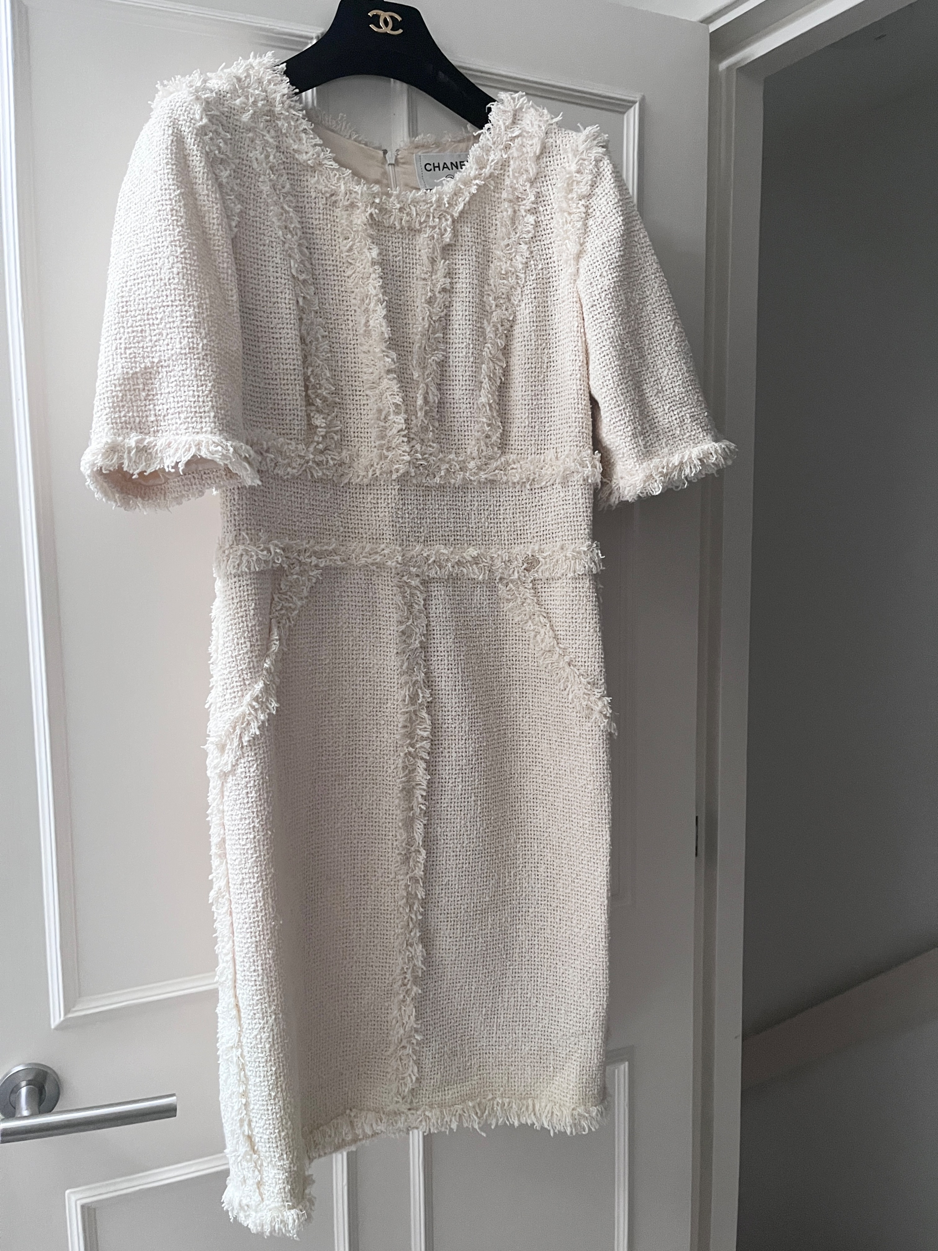 Preowned Chanel Ecru Tweed Midi Dress Size M Ecru ivory tweed see pic