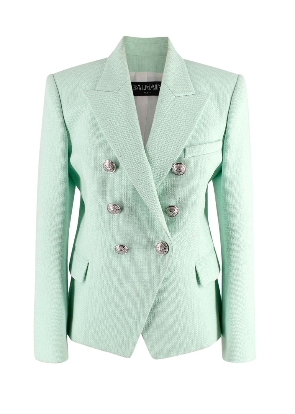 Preowned Balmain Mint Green Textured Cotton Blazer Size S