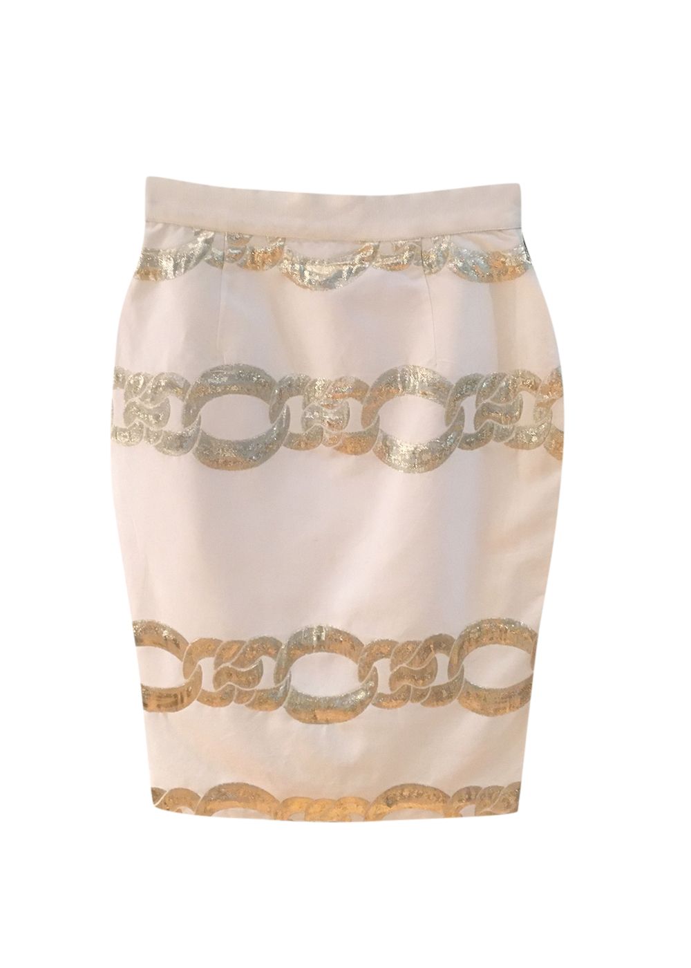 Preowned Giambattista Valli Silver Chain Pattern Embroidered White Skirt Size S mixed