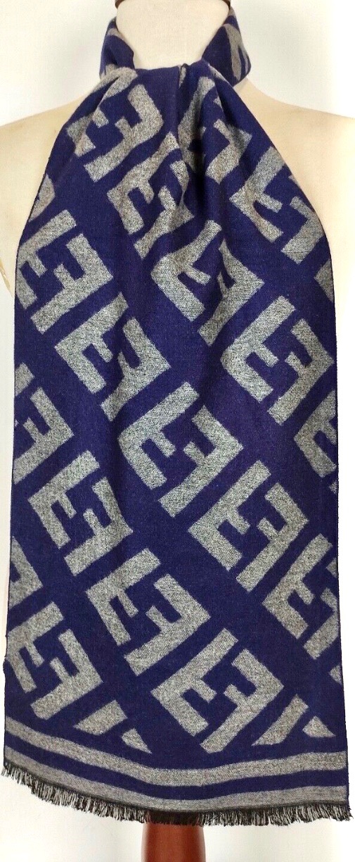 Fendi Navy and Grey Monogram Cashmere Scarf Size L Navy/charcoal grey