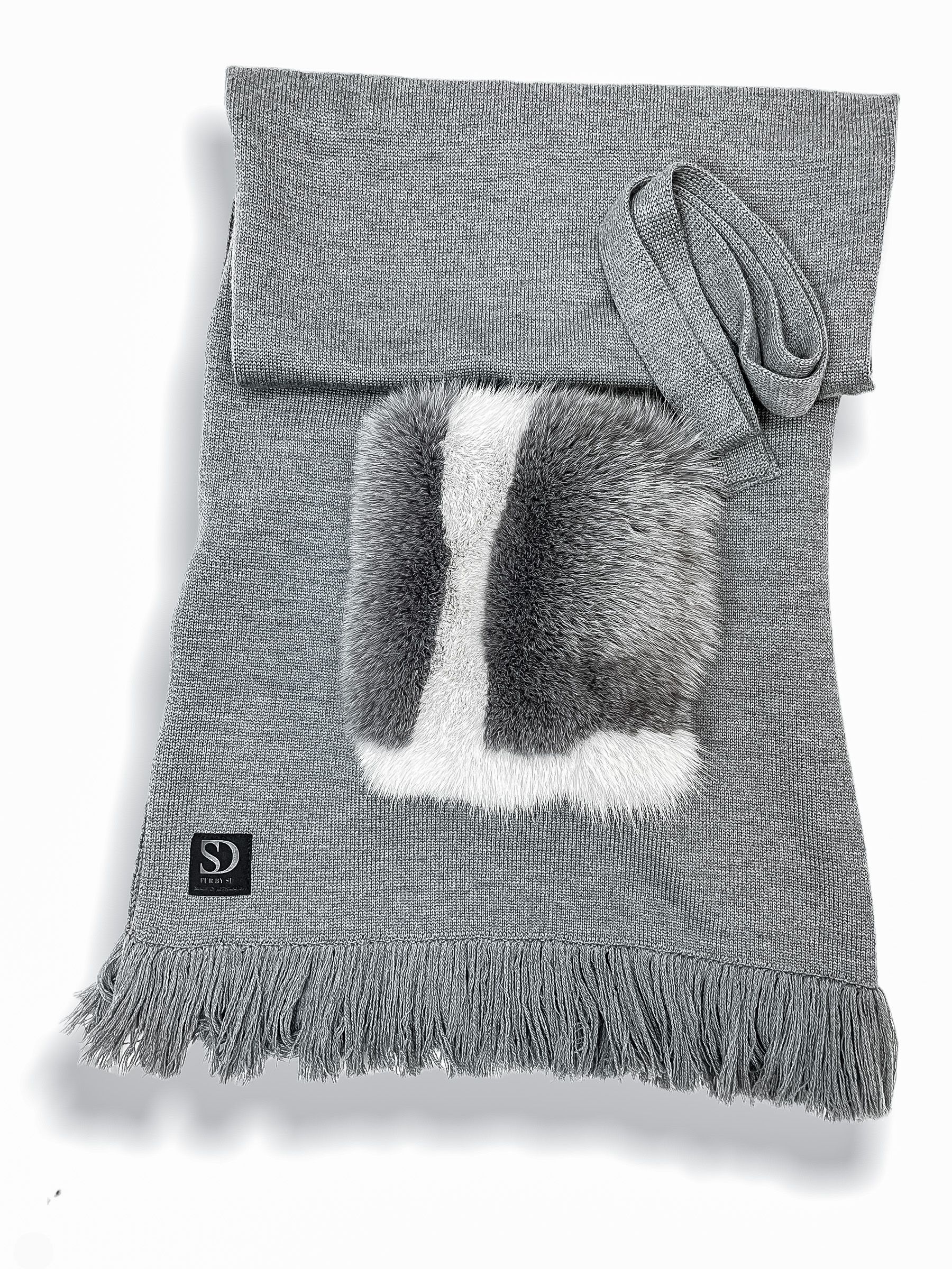 FurbySD Grey Belted Stole with Fox Fur Pockets